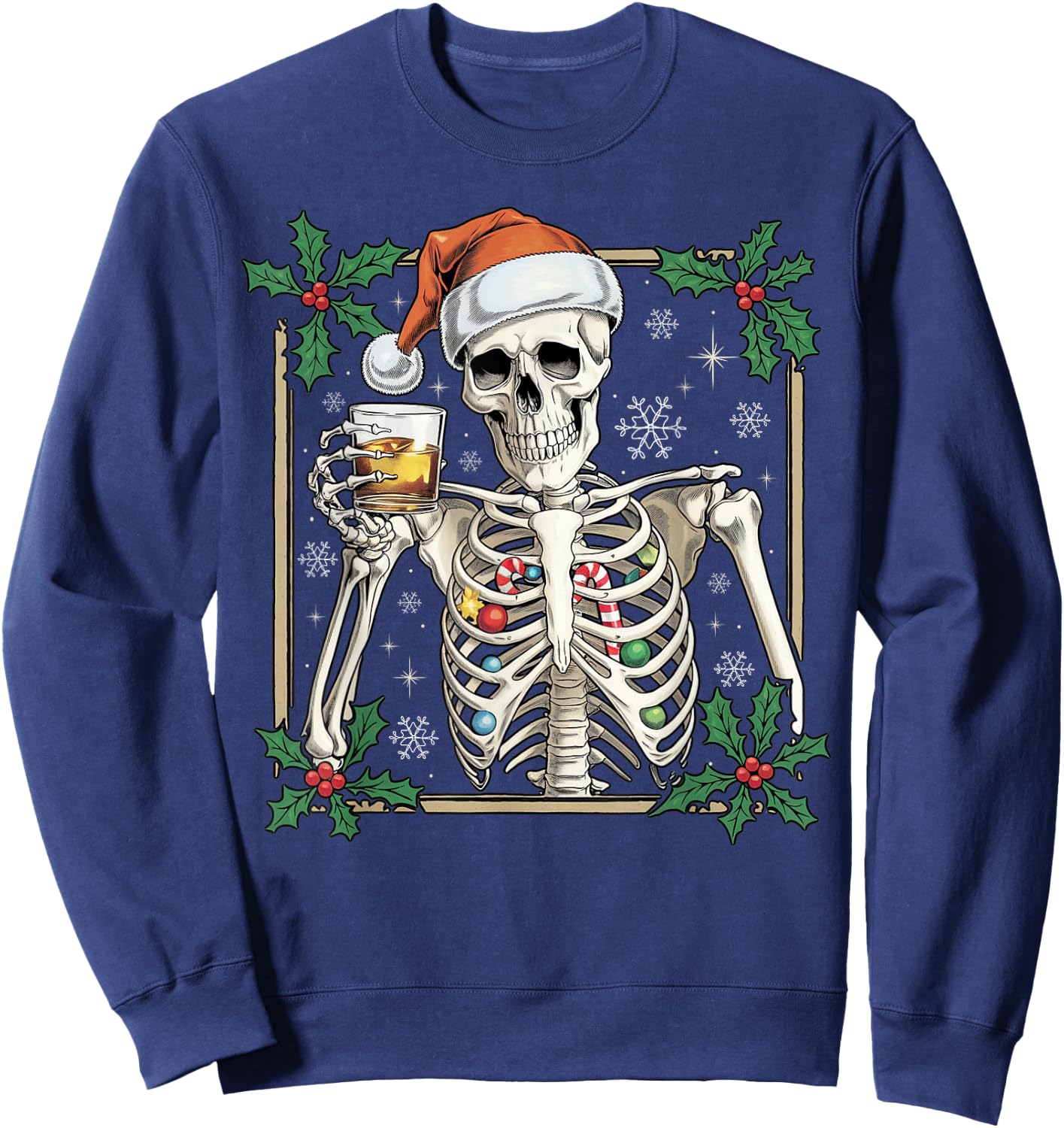 Funny Skeleton Santa Hat Drinking Bourbon Whiskey Christmas Sweatshirt - Sweatshirt | Navy