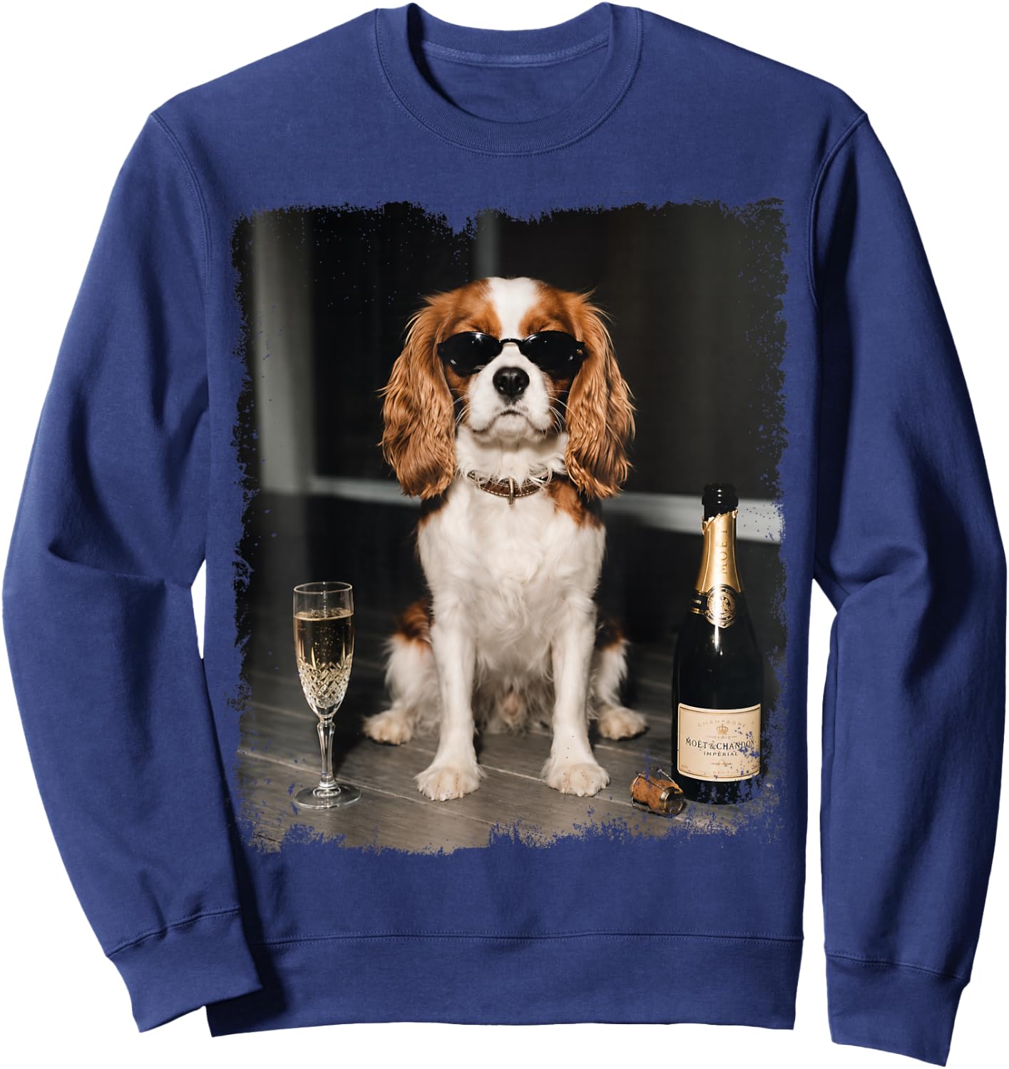Funny Dog Meme Cavalier King Charles Drinking Champagne Sweatshirt - Sweatshirt | Navy