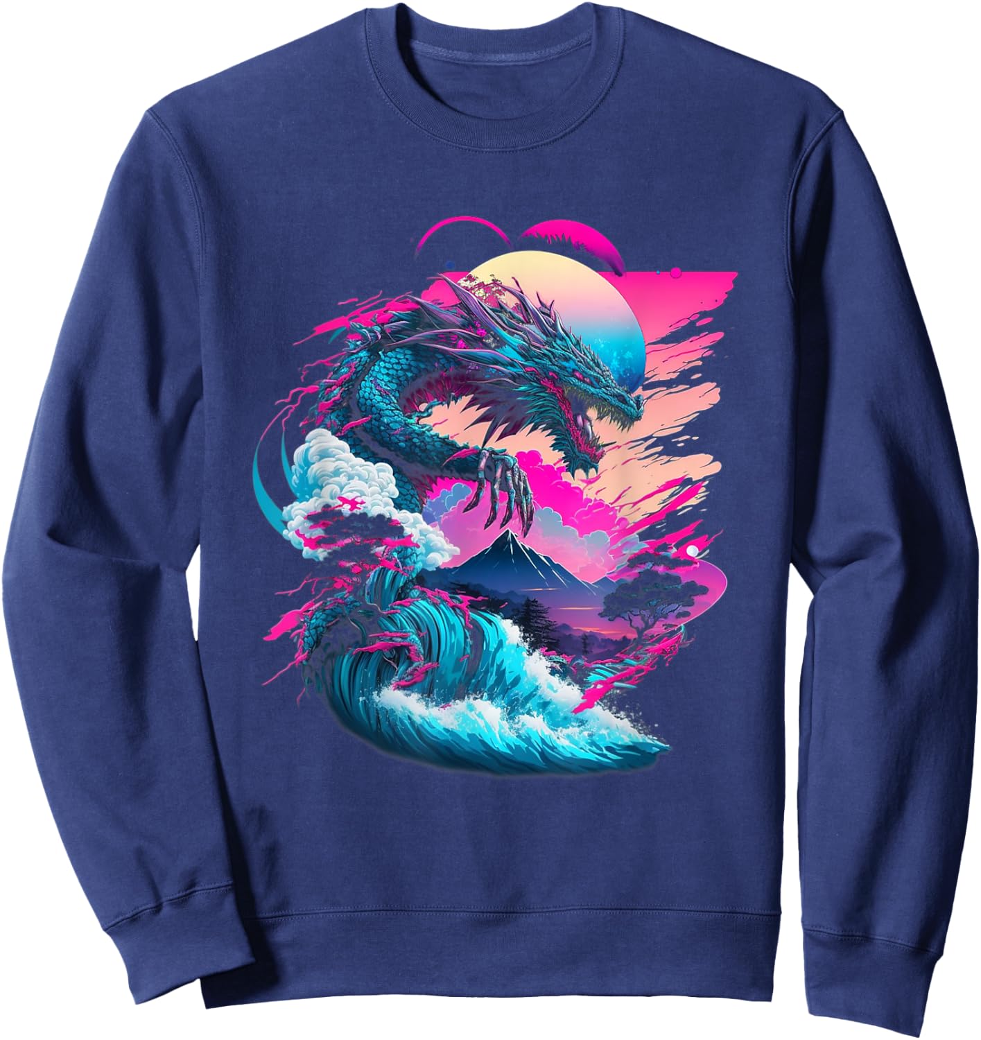 Dragon Vaporwave Abstract Landscape Moon Tree Waterfall Sweatshirt - Sweatshirt | Navy