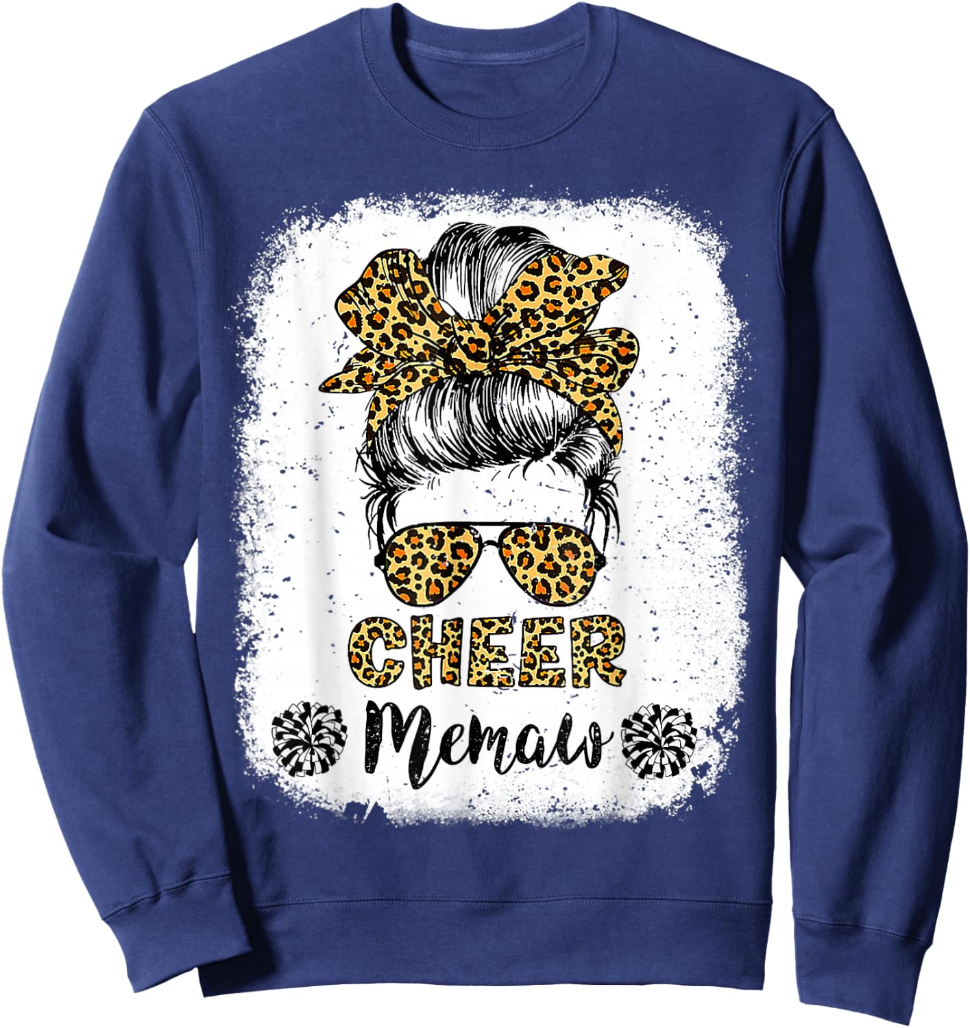 Cheer Memaw Leopard Messy Bun Cheerleader Bleached Sweatshirt - Sweatshirt | Navy