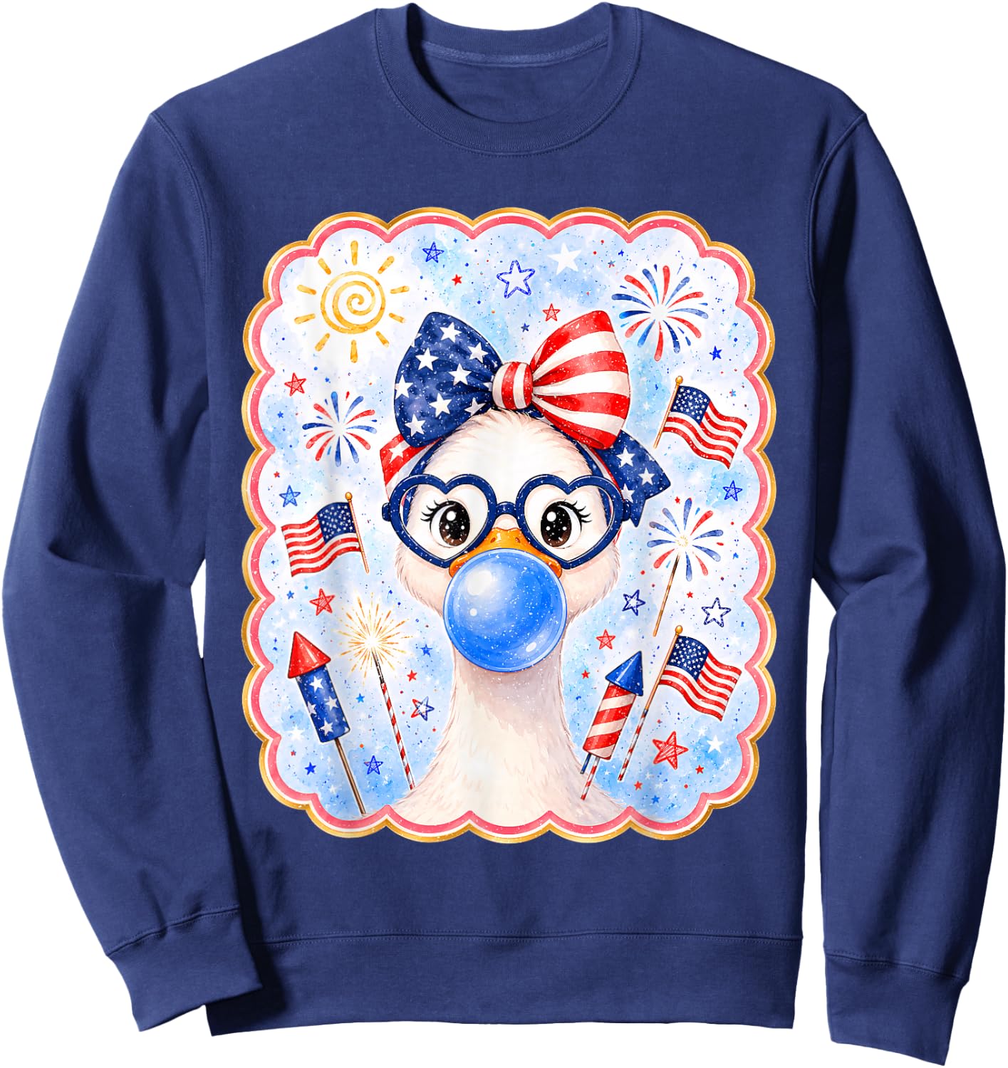 Cute Goose Bubble Gum Bow USA America Flag 4th of July Girl Sweatshirt - Sweatshirt | Navy