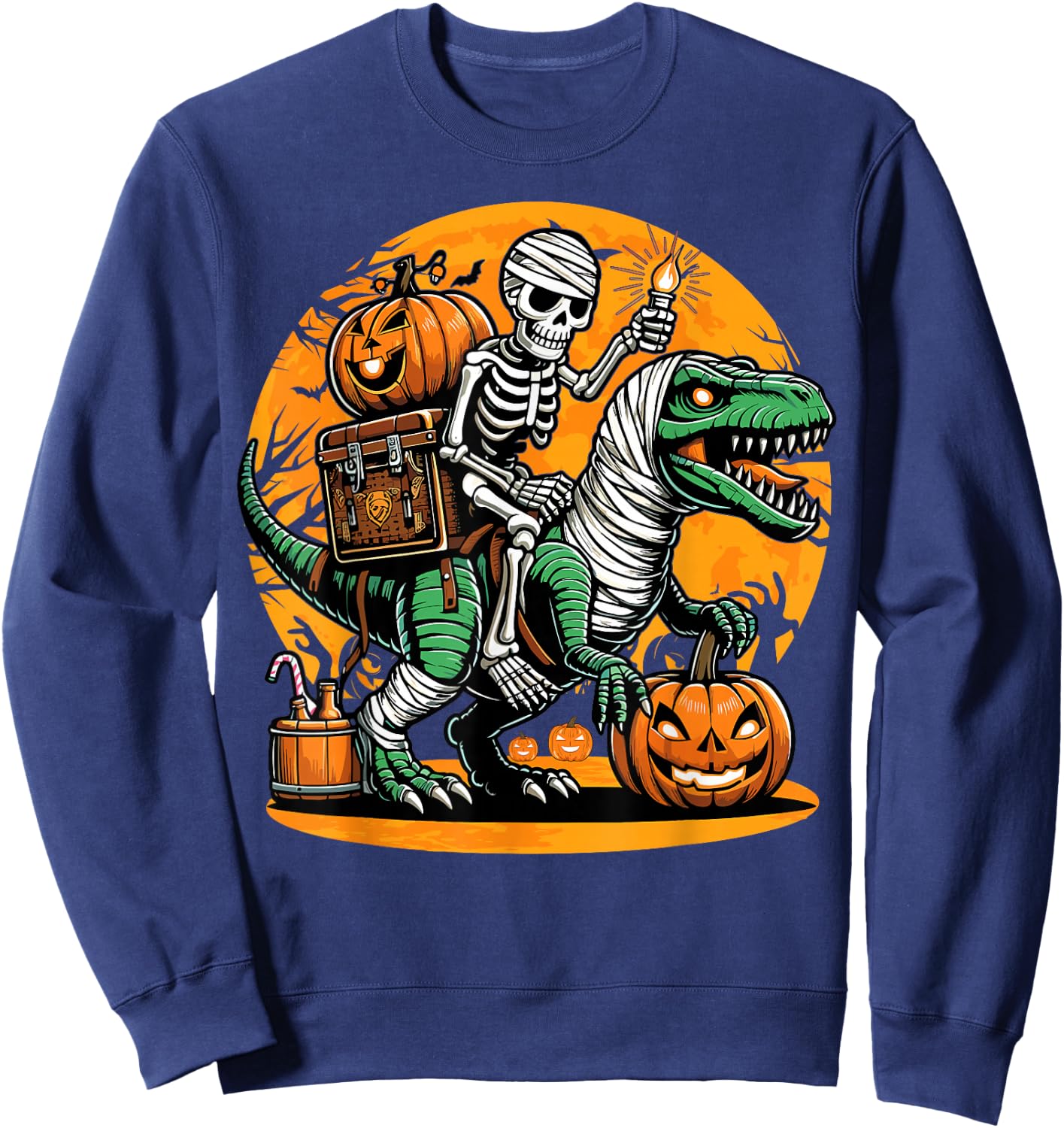 Skeleton Riding Mummy Dinosaur Pumpkin Spooky Trex Halloween Sweatshirt - Sweatshirt | Navy