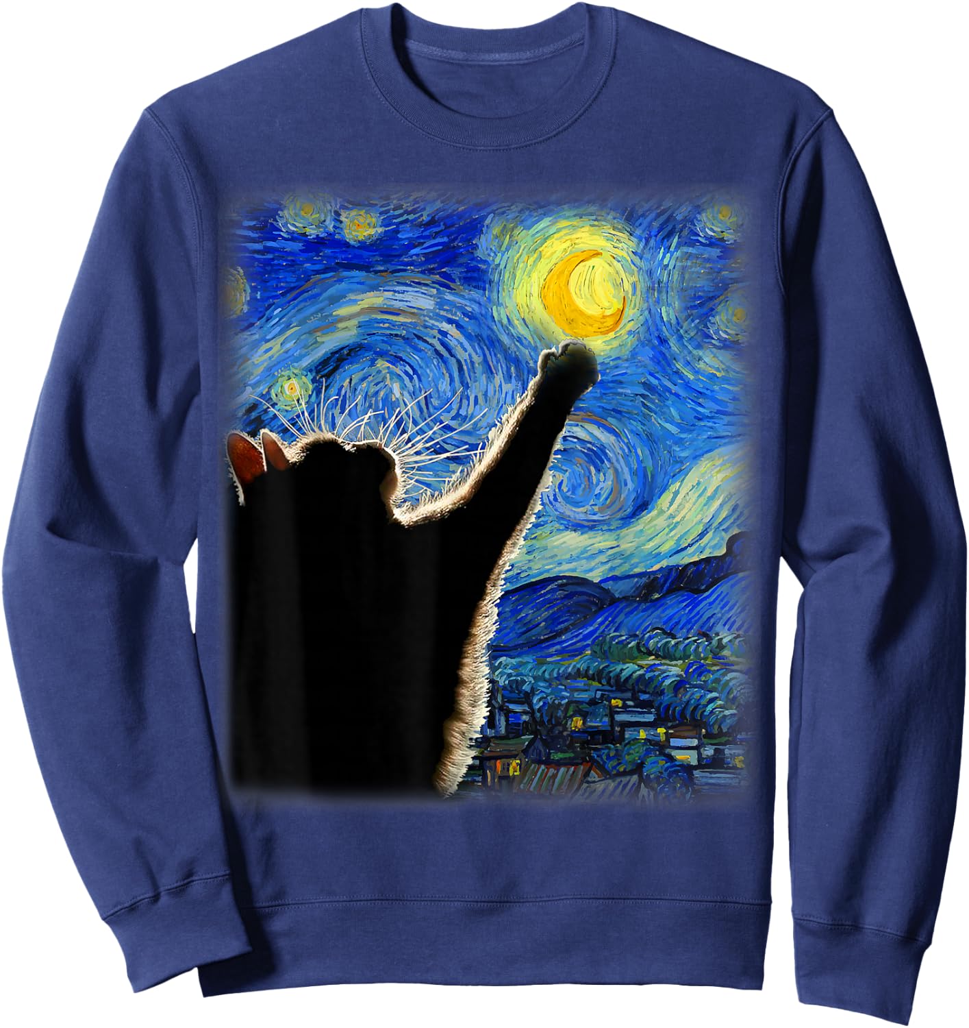 Starry Night Cat, Van Gogh Cat, Cat Lover, Cat Mom, Cat Dad , black Sweatshirt - Sweatshirt | Navy