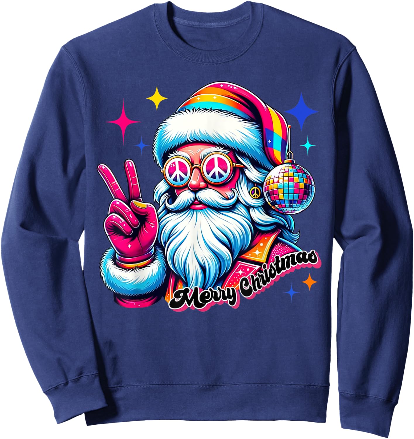 Colorful Santa Claus Peace Sign Hippie Christmas Holiday Sweatshirt - Sweatshirt | Navy