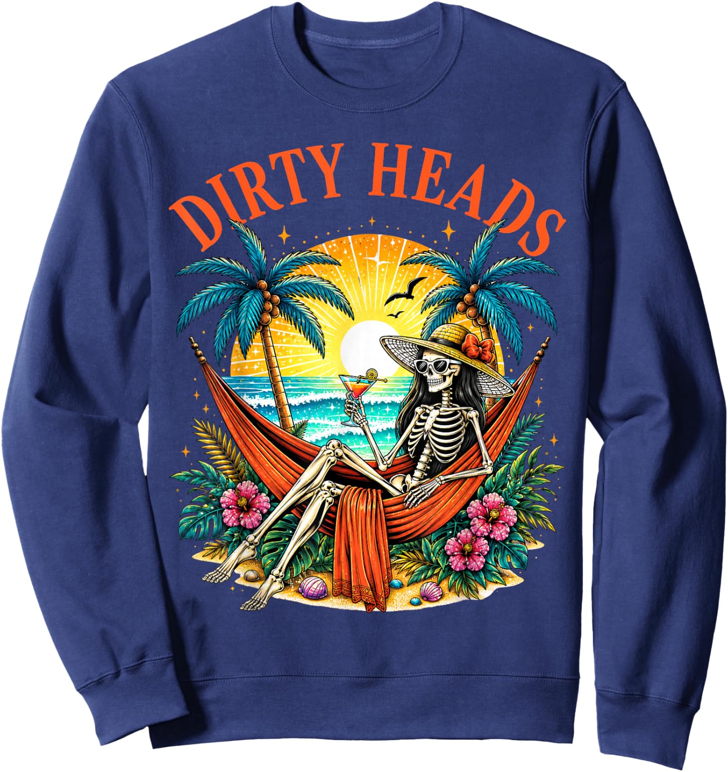 Dirty Heads Skeleton Women Beach Funny Summer Vacation Sweatshirt - Sweatshirt | Navy