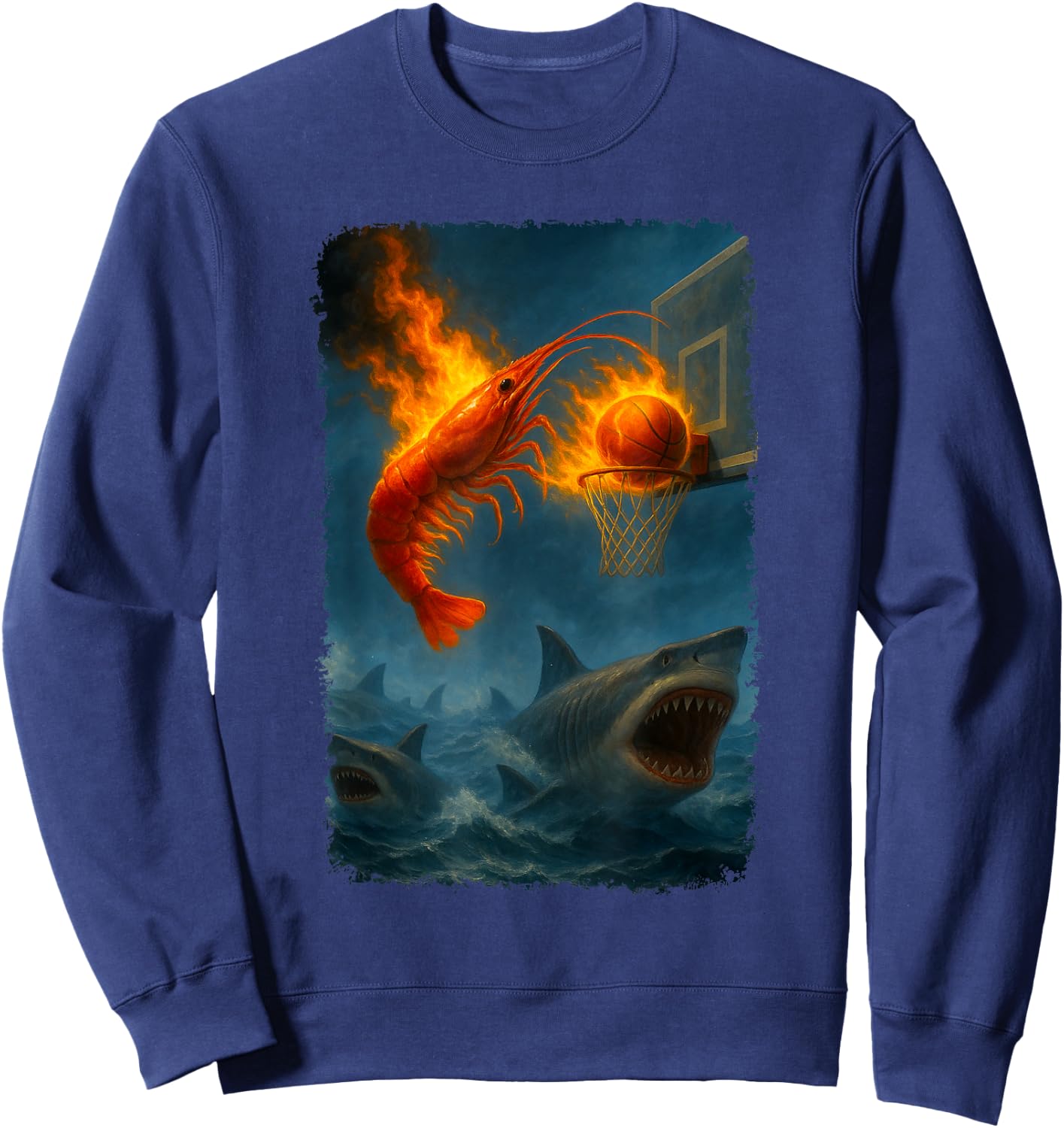 Funny Flaming Shrimp Slam Dunking Over Some Sharks Meme Sweatshirt - Sweatshirt | Navy