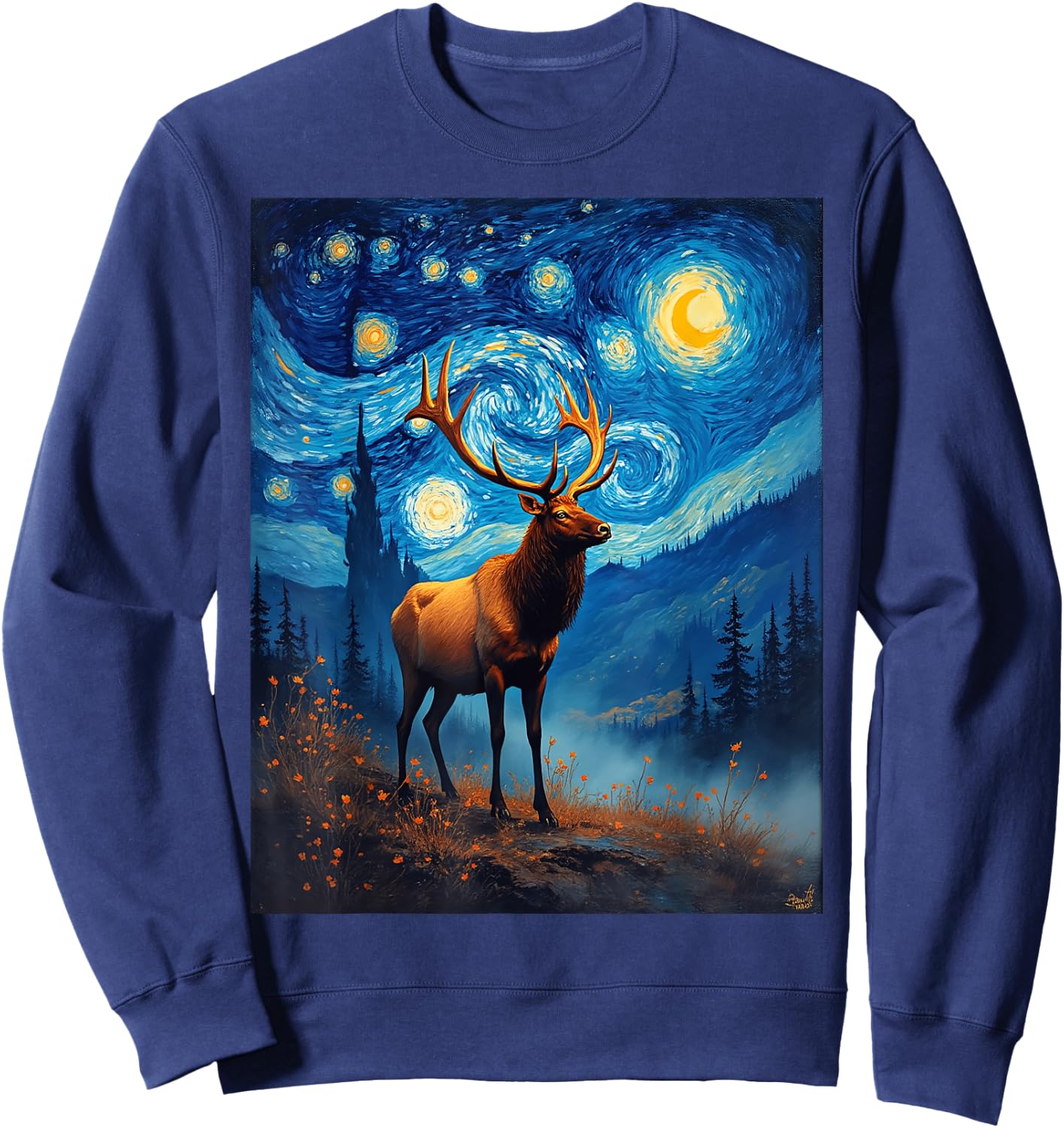 Van Gogh's Starry Night Elk Wapiti Animal Lovers Sweatshirt - Sweatshirt | Navy