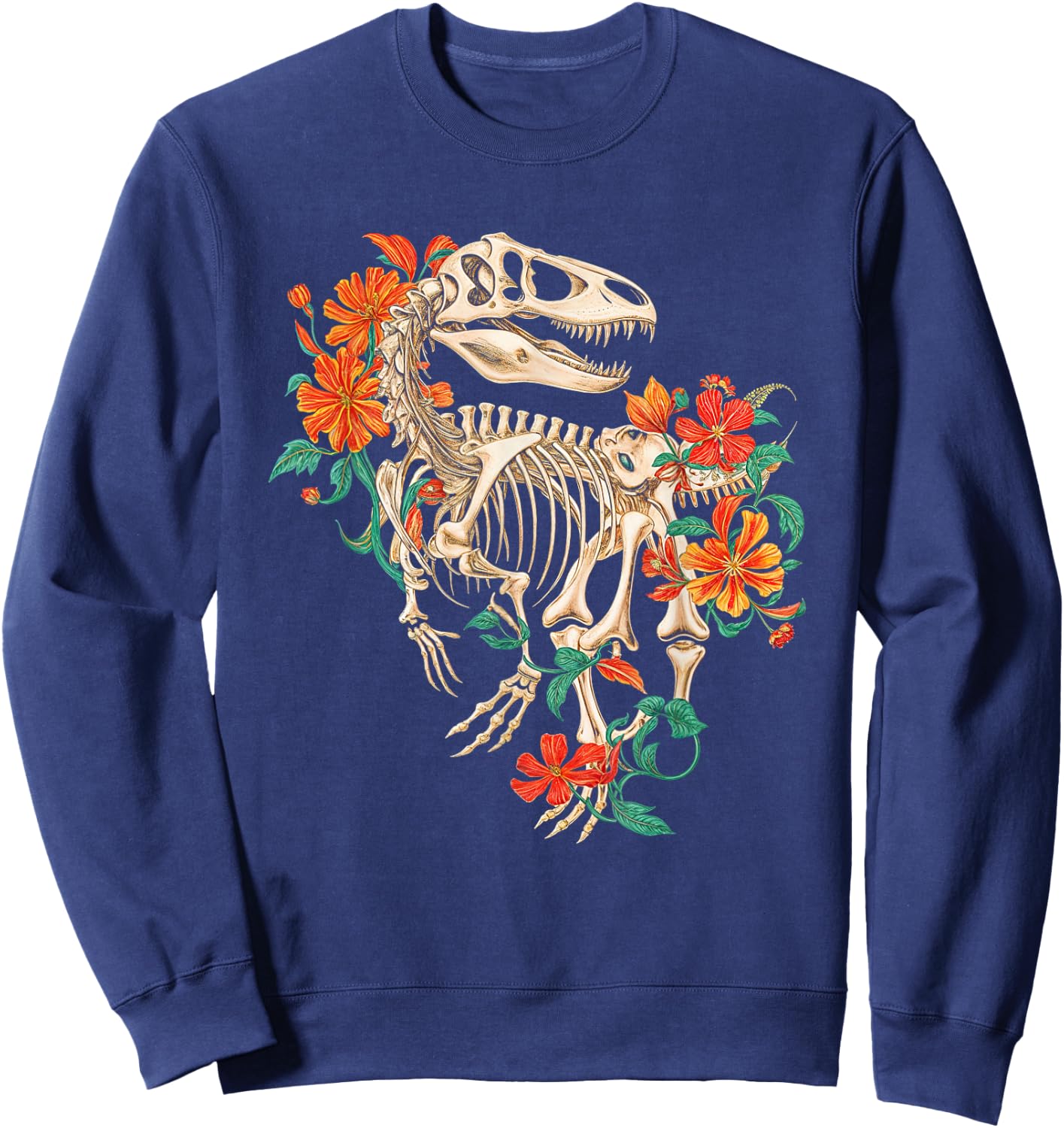 Rex Skeleton Dinosaur Flowers Dino Skeleton Nature Sweatshirt - Sweatshirt | Navy