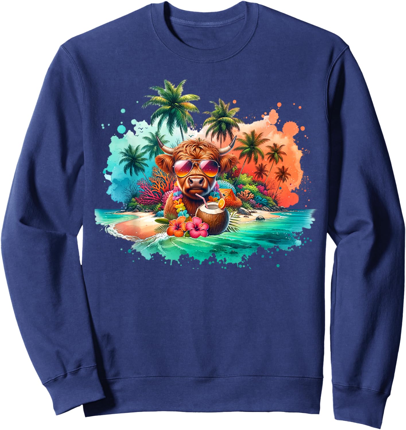 Tropical Highland Cow Summer Vibes Funny Beach Sweatshirt - Sweatshirt | Navy