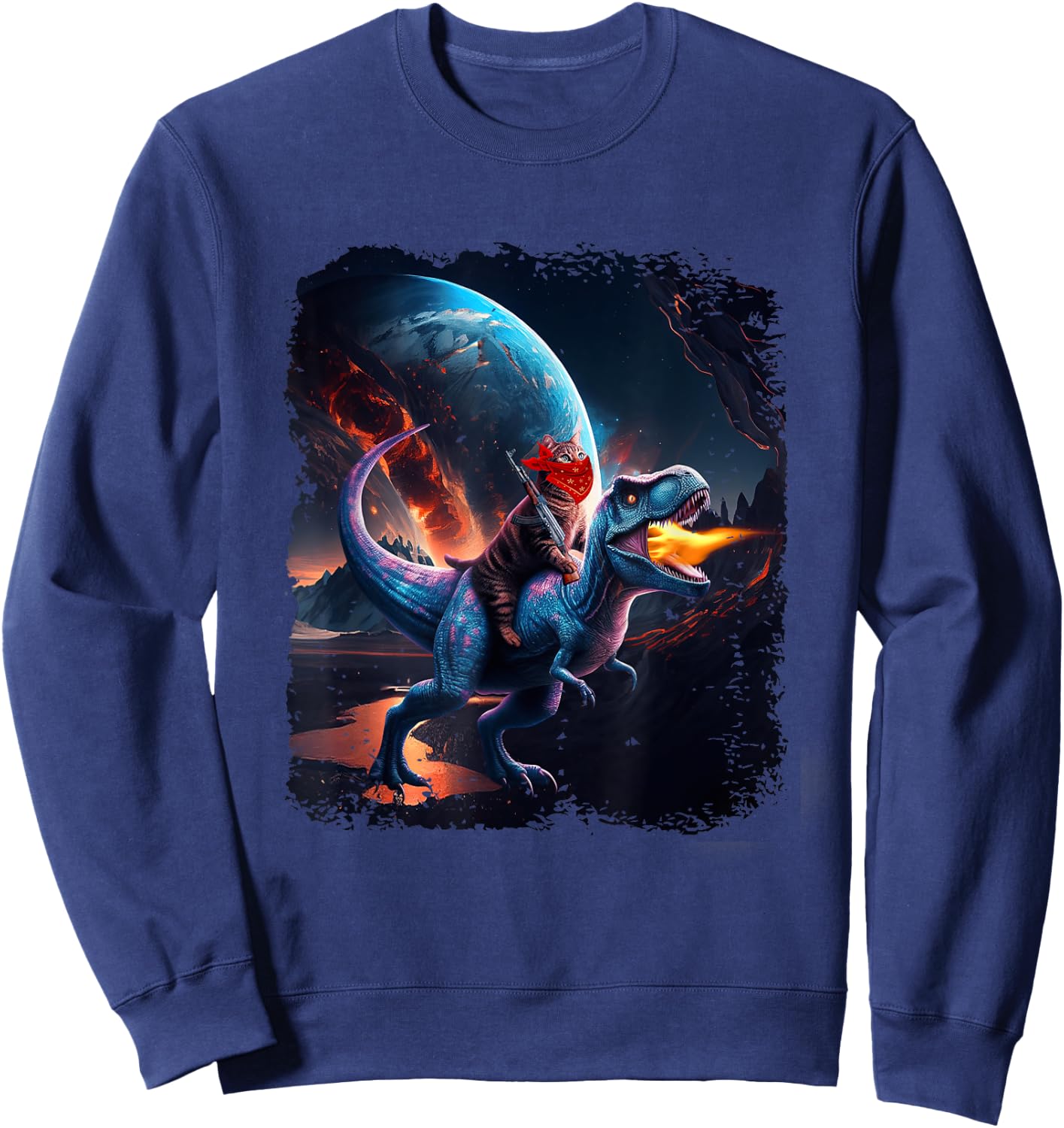 Chat chevauchant un dinosaure T-Rex Image Like Galaxy Cat Sci-Fi Sweatshirt - Sweatshirt | Navy