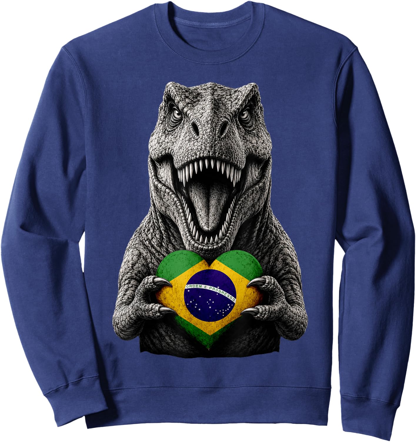 Brazilian Flag Heart Pride Dinosaur Heritage T-Rex Brazil Sweatshirt - Sweatshirt | Navy