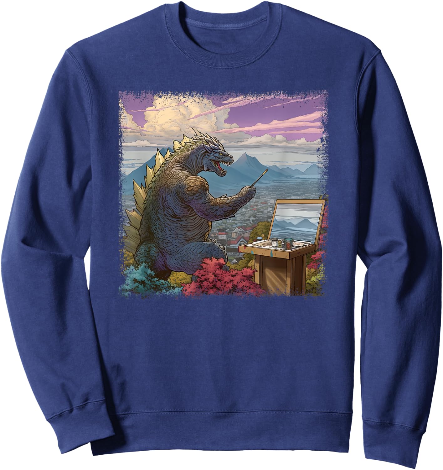 Kaiju Painting a Landscape Funny Monster Artist Art Sweatshirt - Sweatshirt | Navy