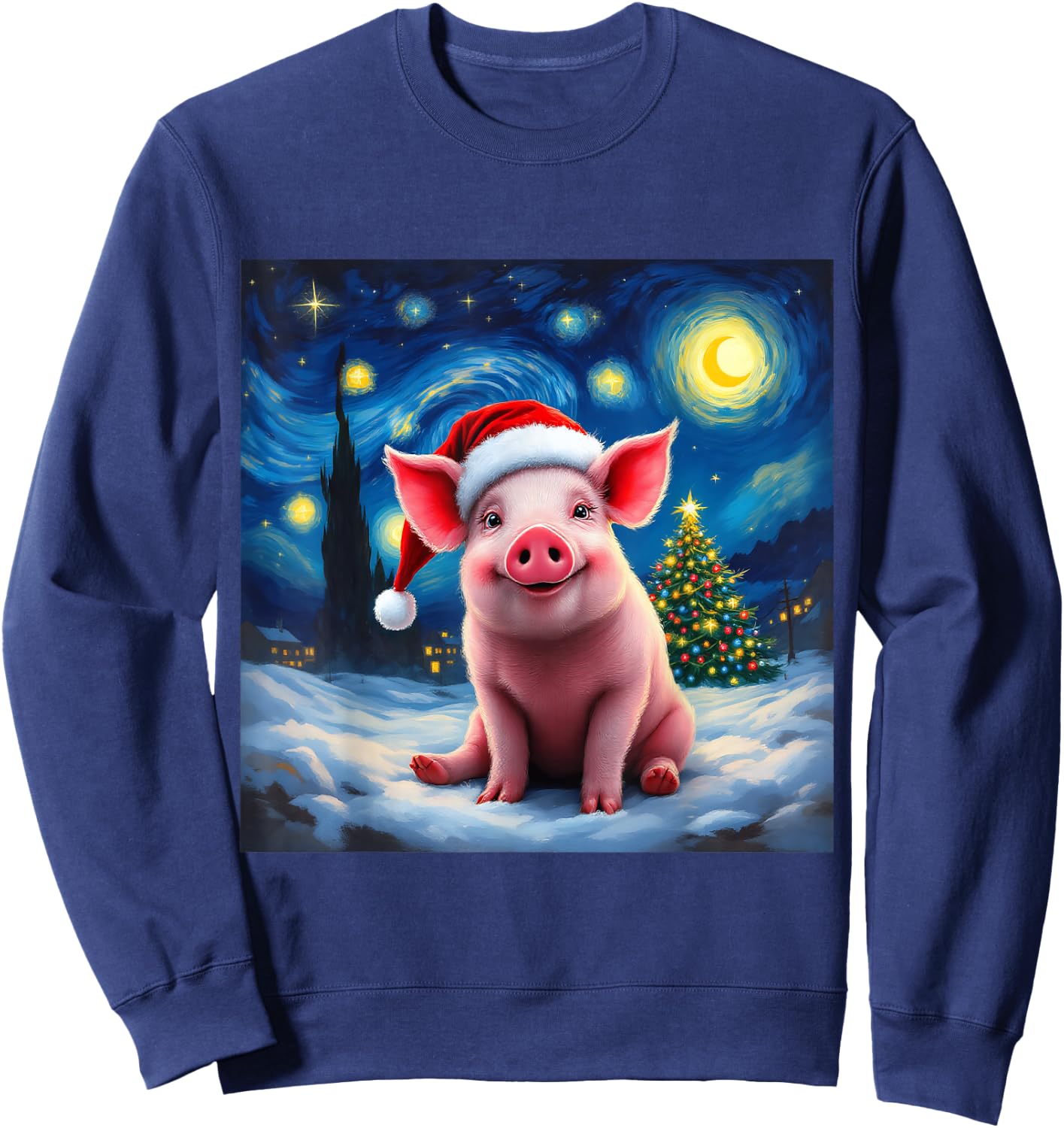 Pig Santa Hat Christmas Van Gogh Starry Night Holiday Sweatshirt - Sweatshirt | Navy