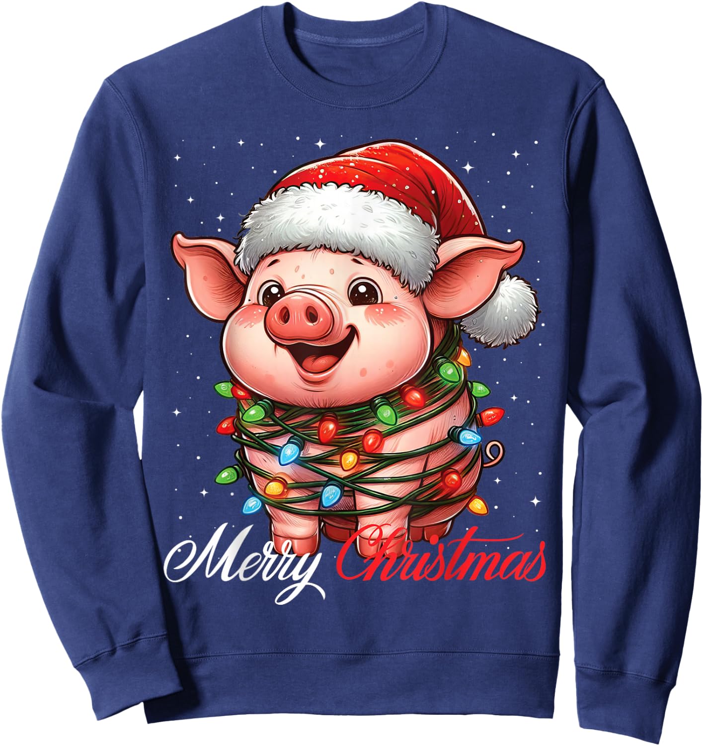 Pig Merry Christmas Lights Santa Hat Xmas Snow Sweatshirt - Sweatshirt | Navy