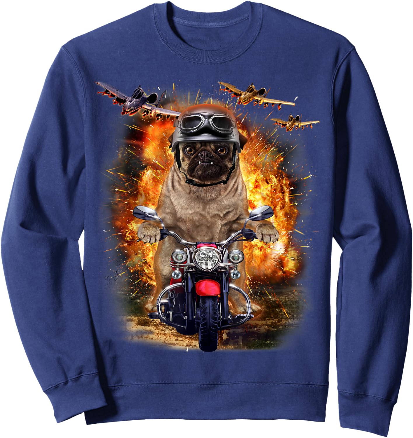 Grumpy Pug Dog Ride Motorcycle Through Battle Men Women Kids Sweatshirt - Sweatshirt | Navy
