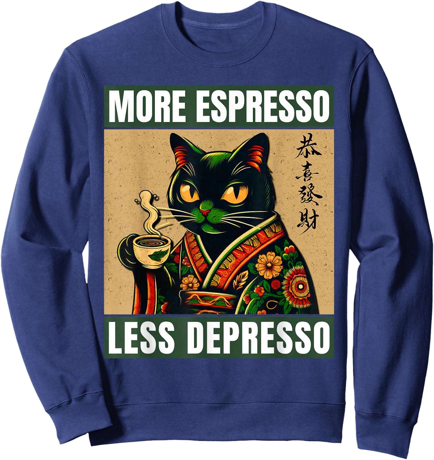More Espresso Less Depresso Japanese Funny Cat Sweatshirt - Sweatshirt | Navy
