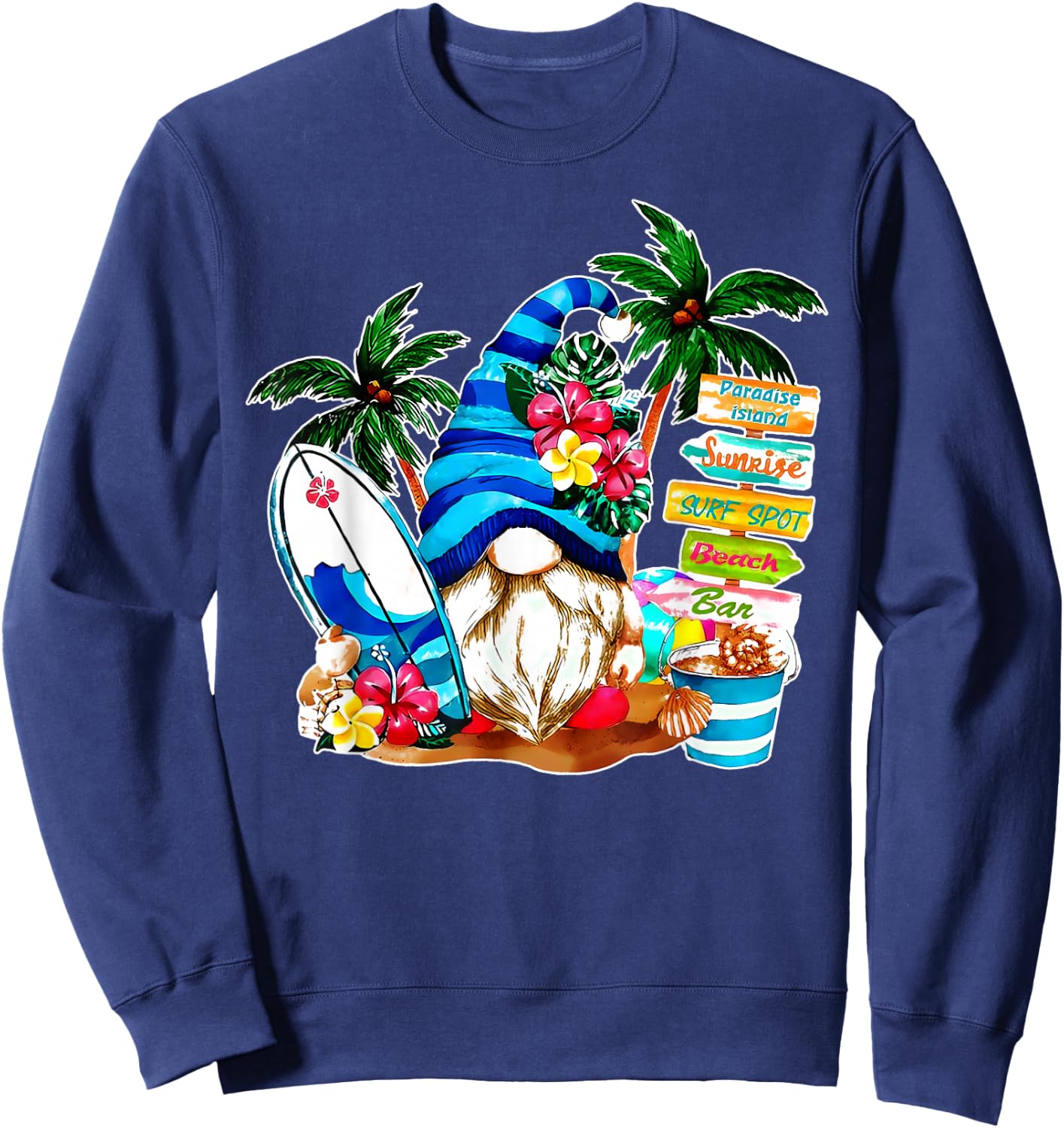 Holiday Beach Gnome Flower Palm Tree Surf Vacation Gnomies Sweatshirt - Sweatshirt | Navy