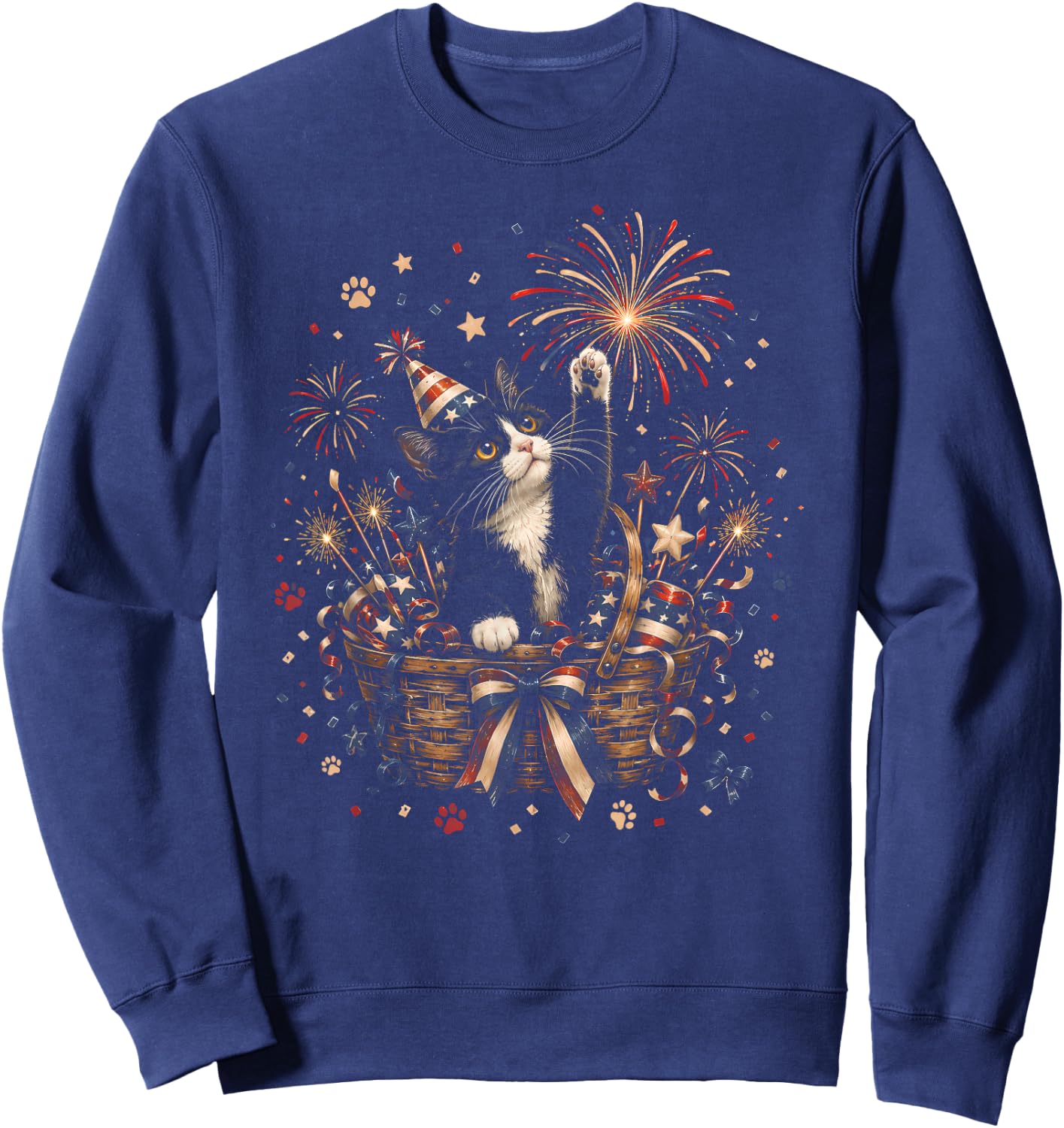 Patriotic Cat 4th of July American Flag Bow Girls Women Sweatshirt - Sweatshirt | Navy