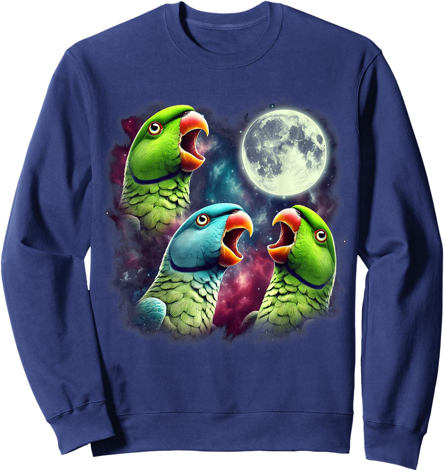 Three Indian Ringneck Parrots Howling at Moon Funny Meme Sweatshirt - Sweatshirt | Navy