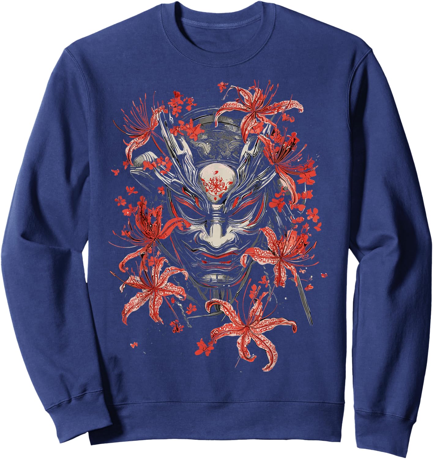 Red Spider Lily Flower Oni Mask Noh Japanese Anime Otaku Sweatshirt - Sweatshirt | Navy