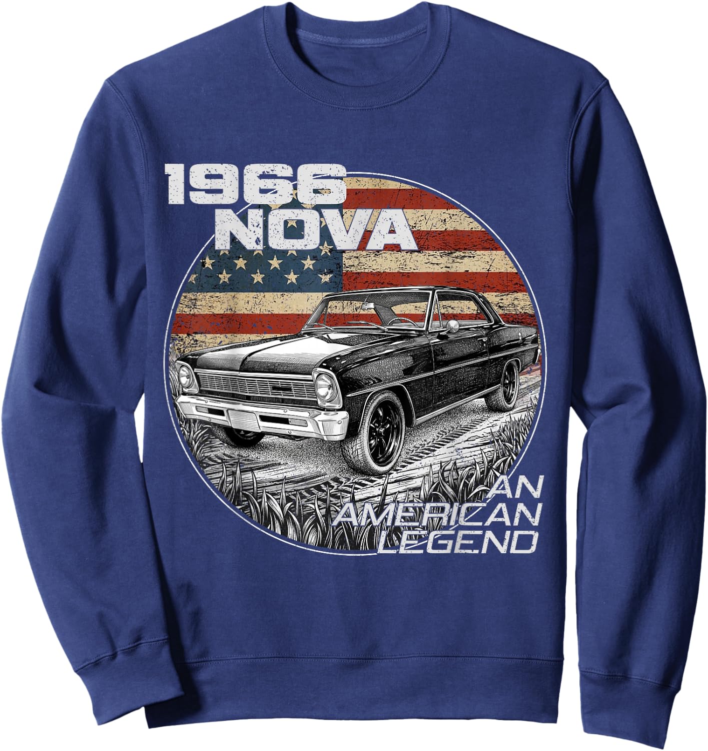 1966 66 Nova Silhouette Muscle Car American Flag Sweatshirt - Sweatshirt | Navy