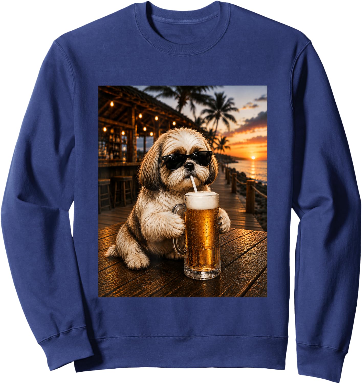 Funny Shih Tzu Drinking Beer Beach Sunset Men Women Sweatshirt - Sweatshirt | Navy