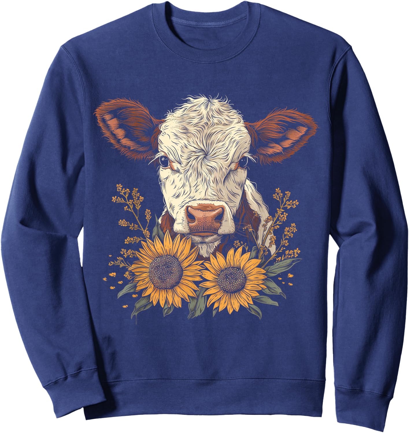 Cow Sunflowers Cute Baby Cow Vintage Farm Animals Farmer Sweatshirt - Sweatshirt | Navy