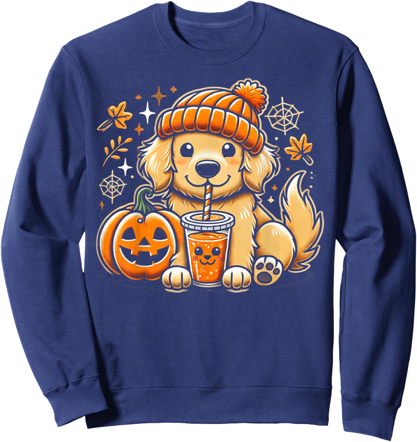 Cute Golden Retriever in Autumn with Pumpkin Drink Sweatshirt - Sweatshirt | Navy