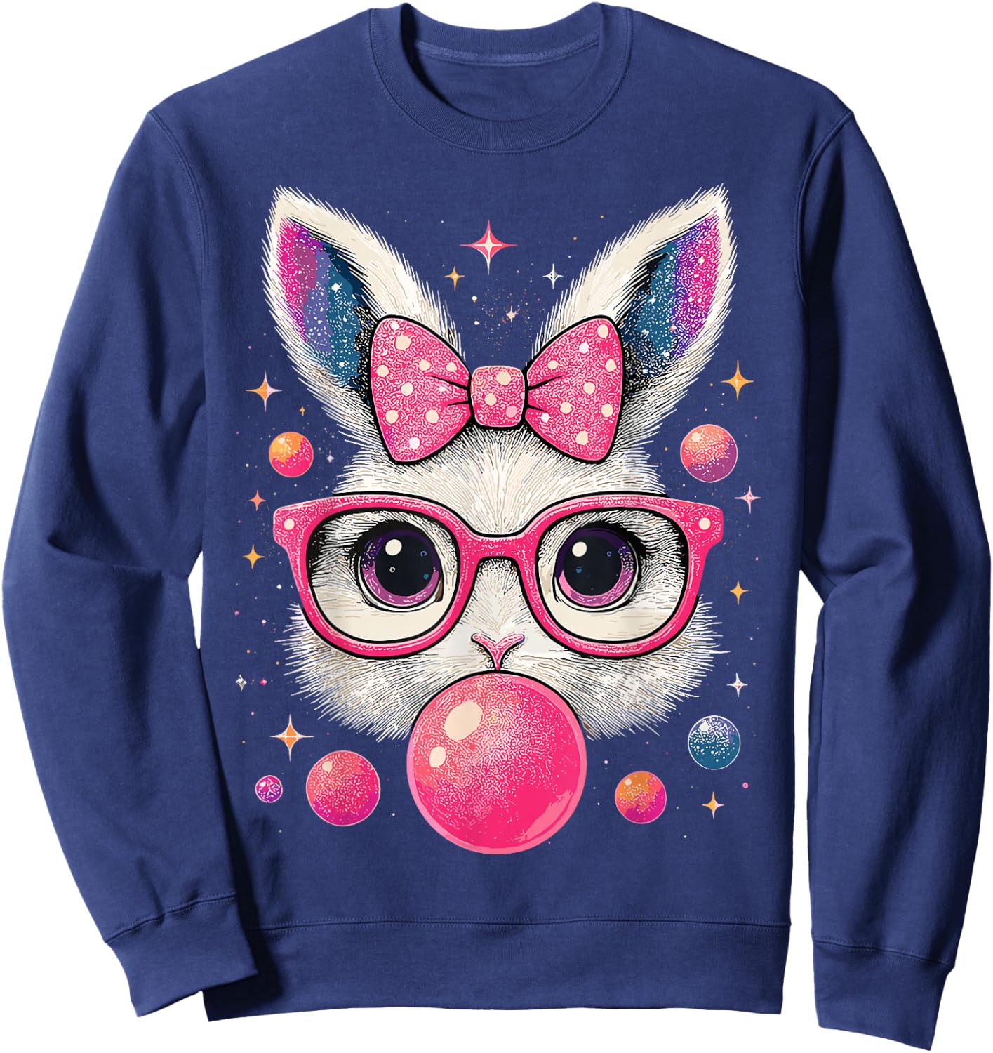 Easter Day Bunny Tie Dye Rabbit Face Glasses Girl Easter Sweatshirt - Sweatshirt | Navy
