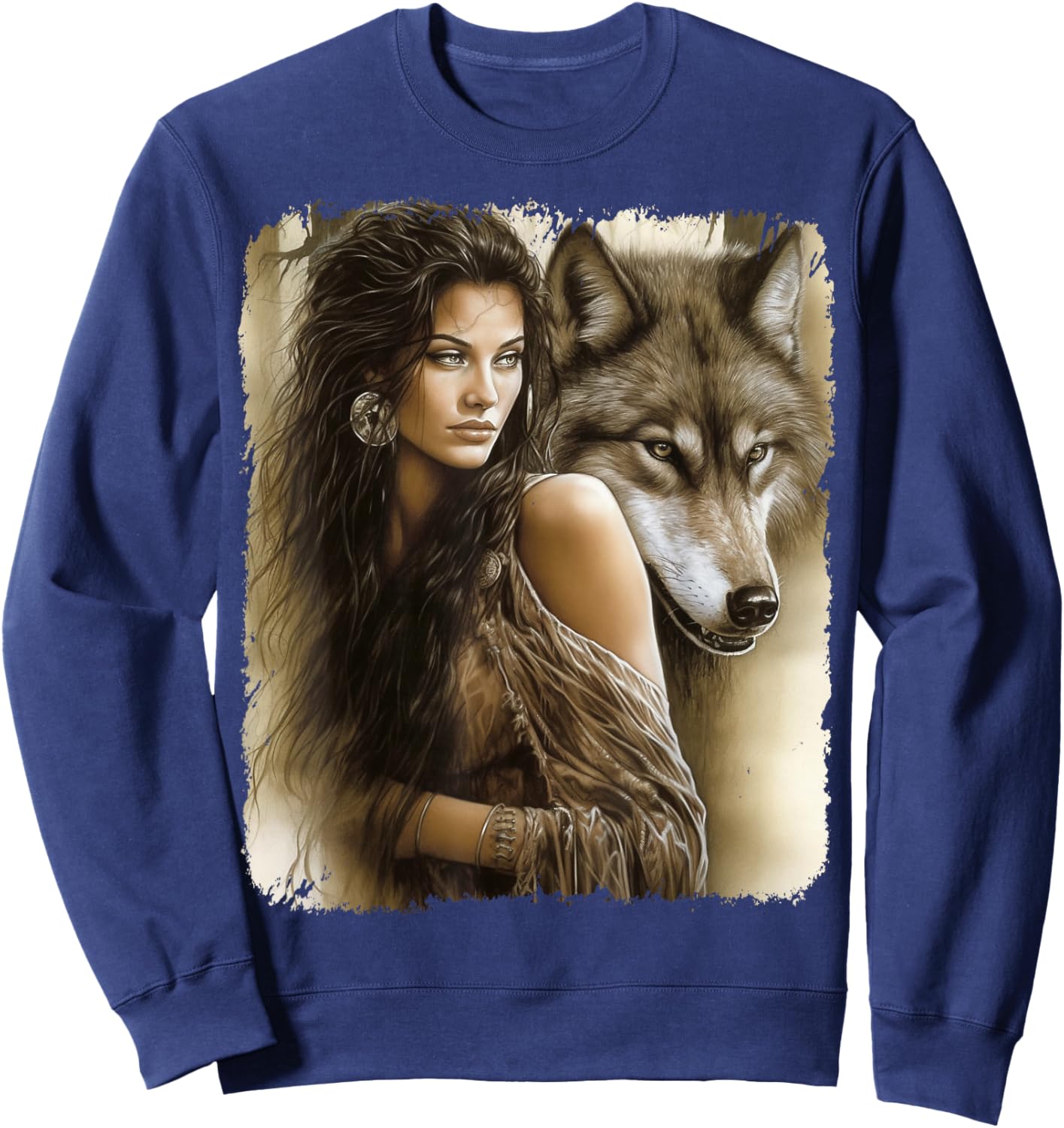 Woman and Grey Wolf Fantasy , black Sweatshirt - Sweatshirt | Navy