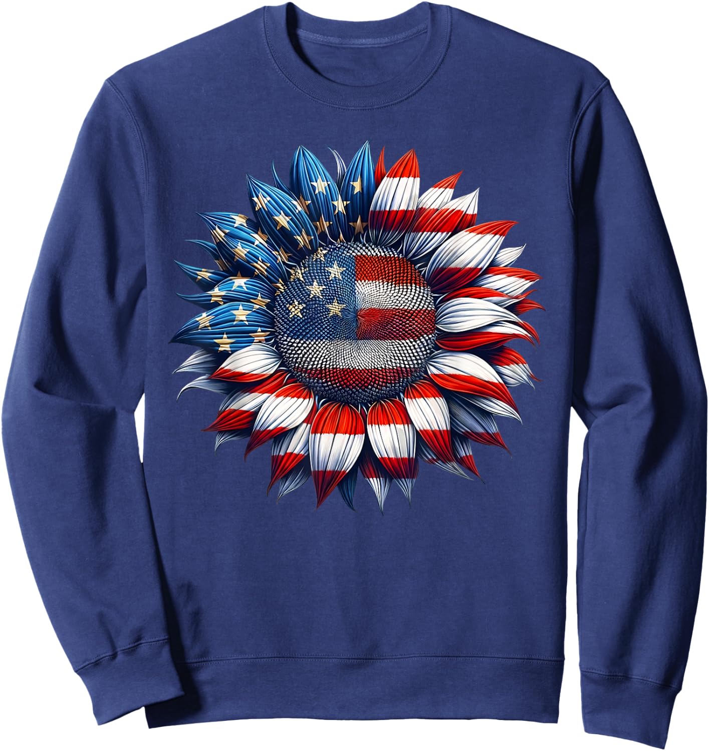 Sunflower American Flag 4th of July Women Men Merica USA Sweatshirt - Sweatshirt | Navy