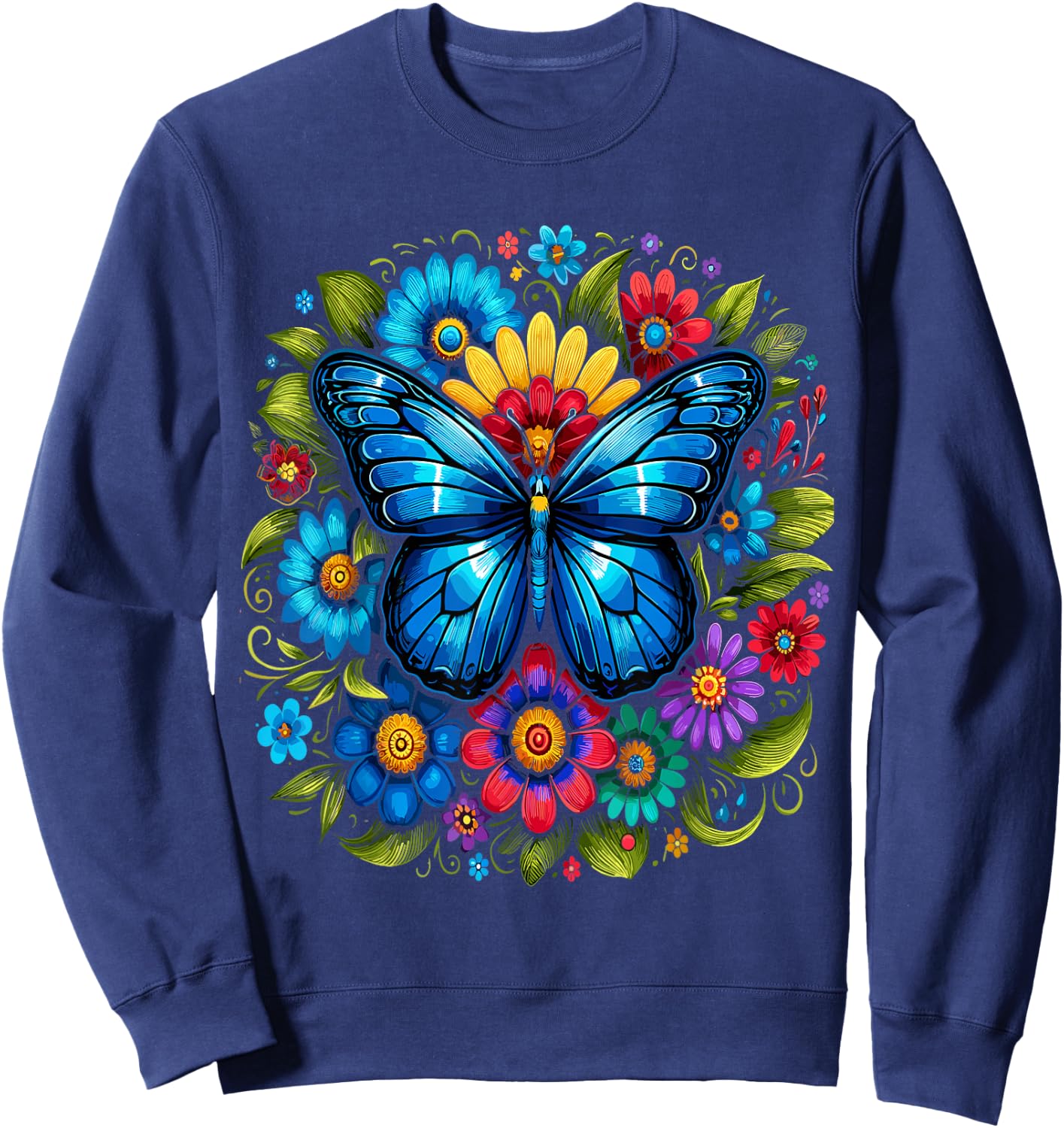 Blue Butterfly With Flowers Garden Beautiful Butterflies Sweatshirt - Sweatshirt | Navy
