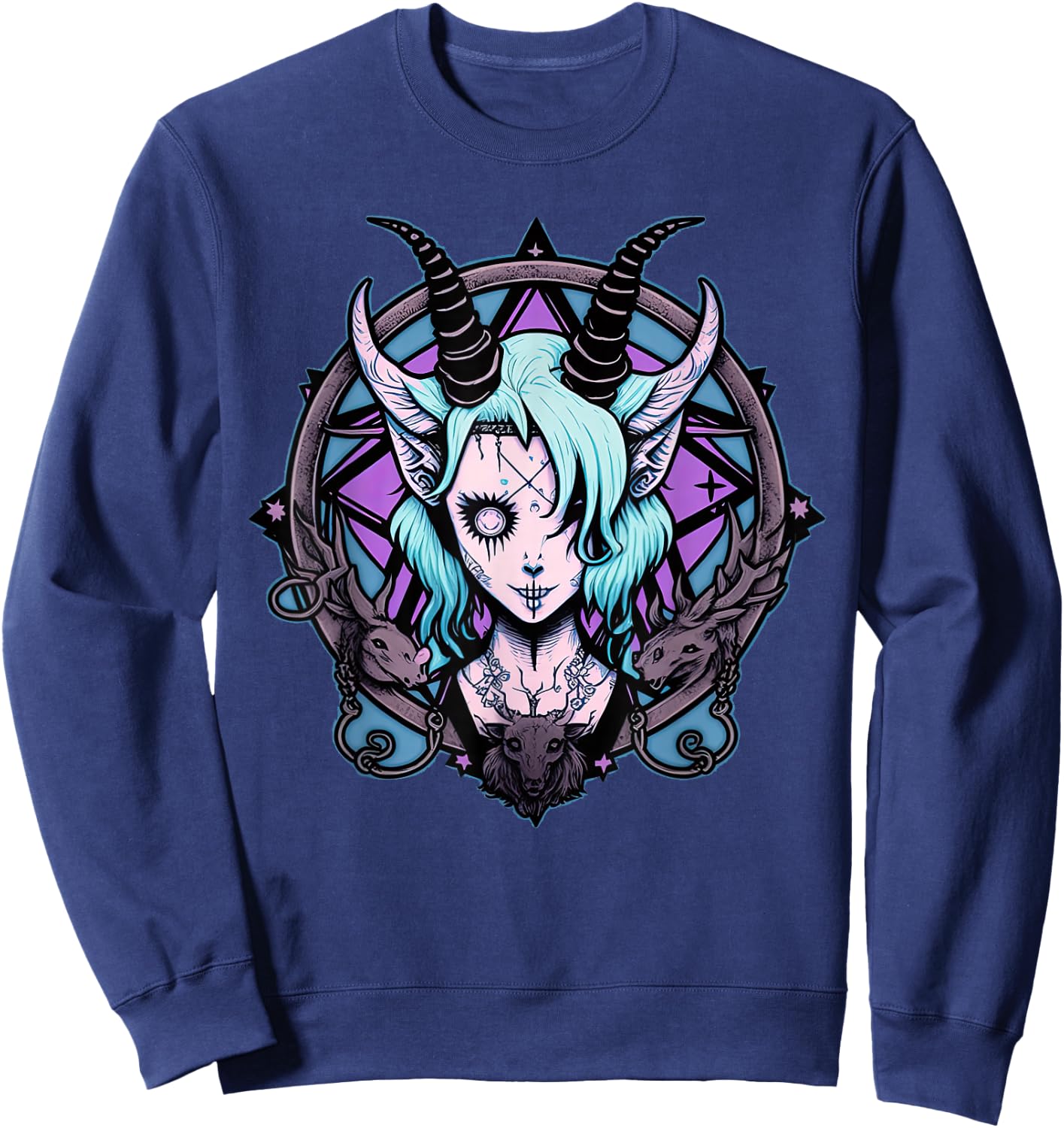 Kawaii Paste Scary Goat Pentacle Sweatshirt - Sweatshirt | Navy