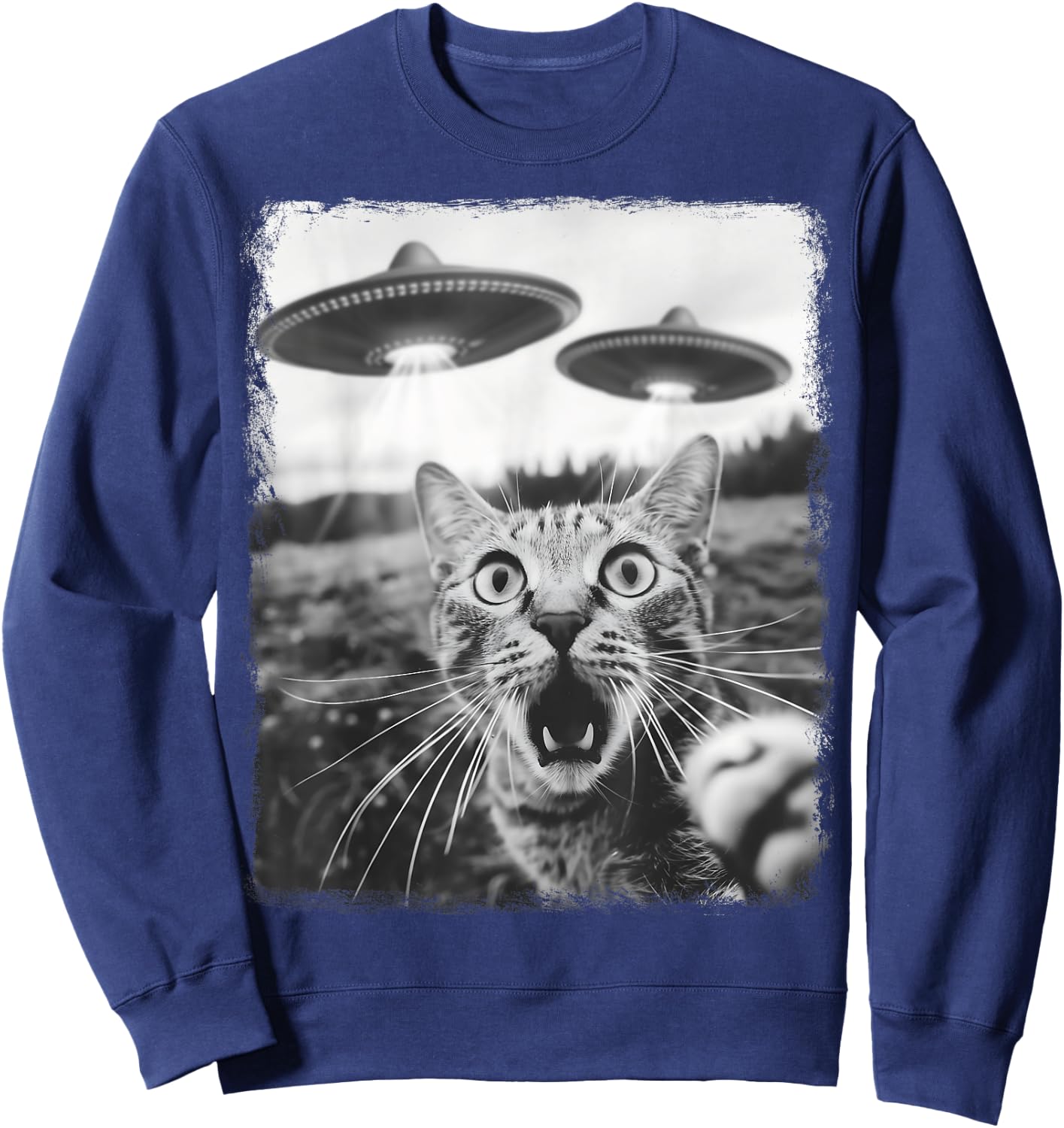 Alien Selfie Alien UFO Tabby Cat , Black, S Sweatshirt - Sweatshirt | Navy