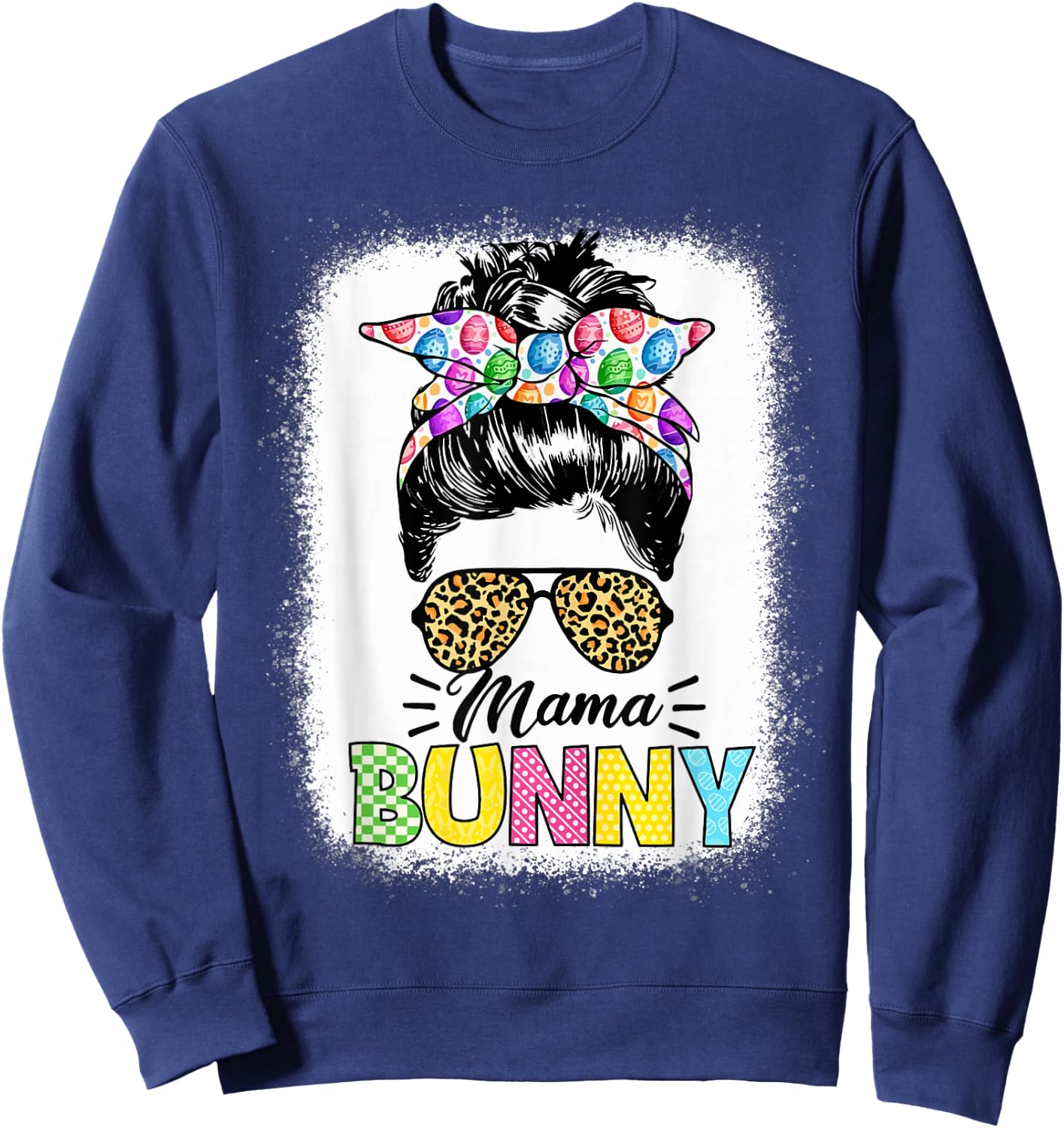 Mama Bunny Shirt Easter Mom Messy Bun Leopard Sweatshirt - Sweatshirt | Navy