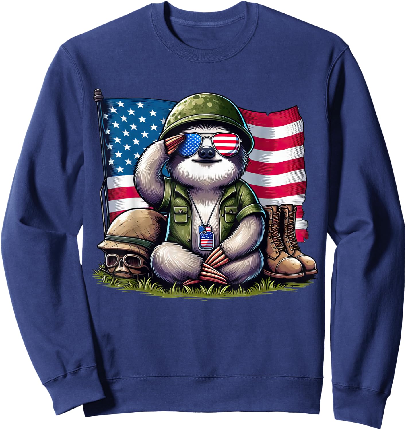 Salute Sloth American USA Flag Memorial Day 4th of July Sweatshirt - Sweatshirt | Navy