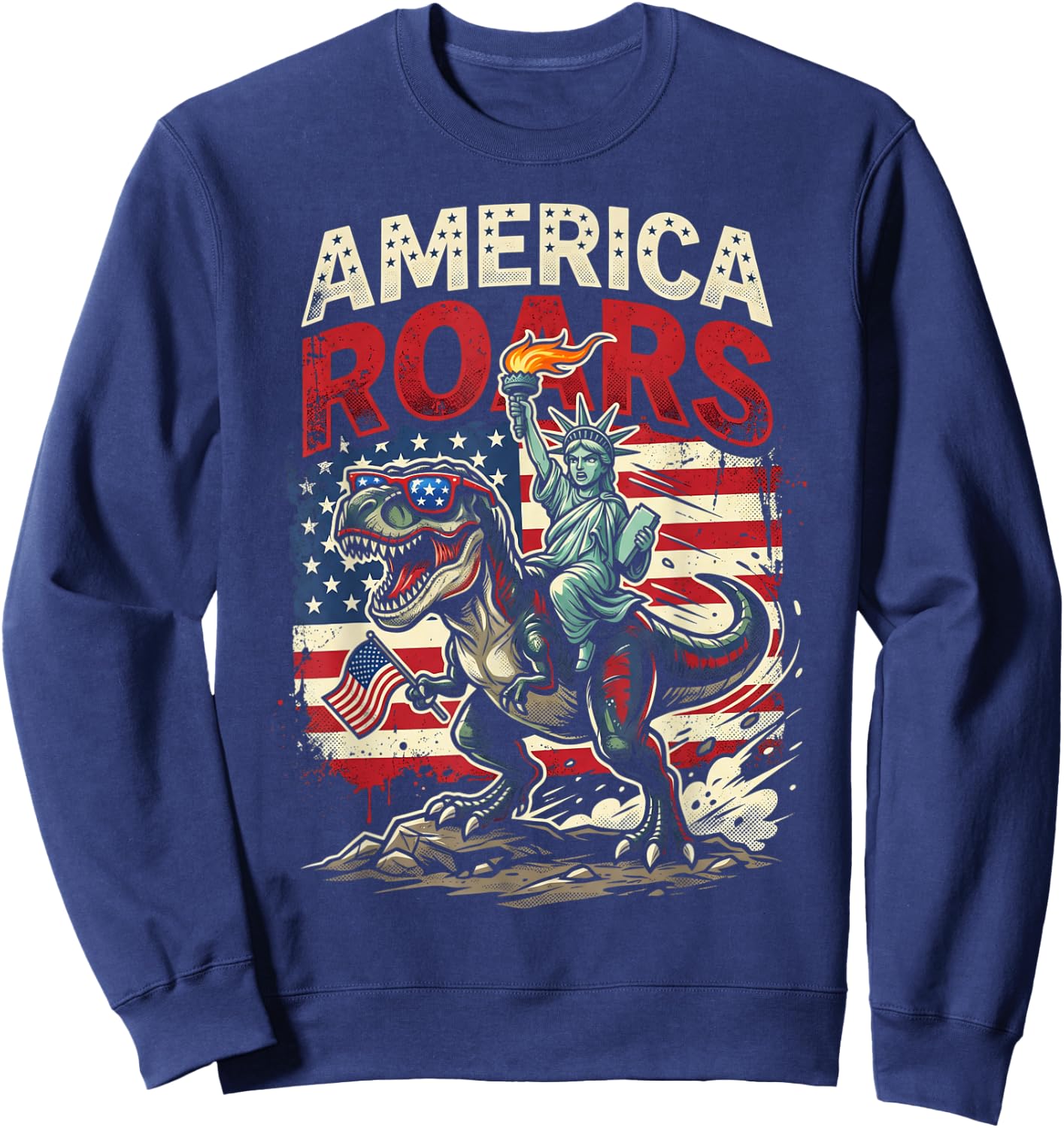 Statue of Liberty American Dinosaur Funny 4th of July Boys Sweatshirt - Sweatshirt | Navy