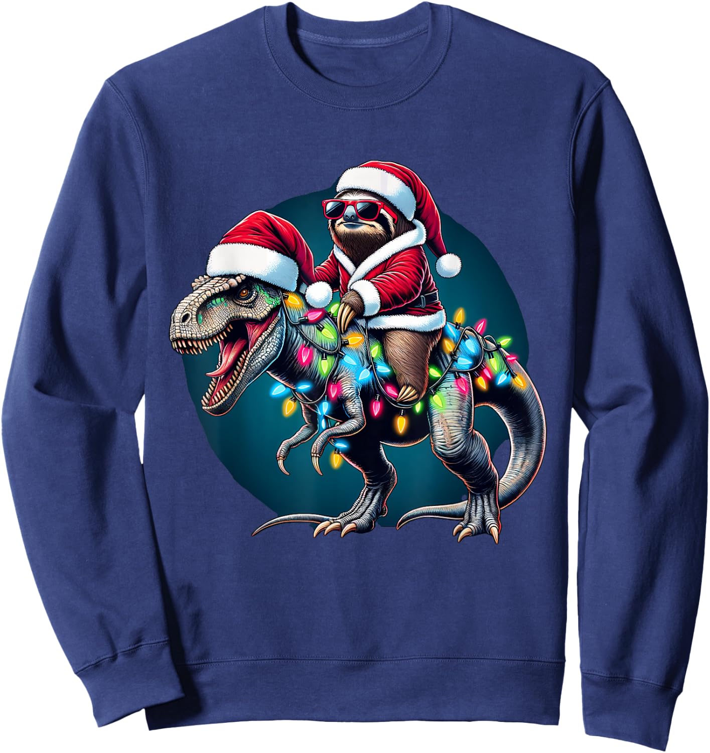 Christmas Lights Sloth Riding T Rex Sweatshirt - Sweatshirt | Navy