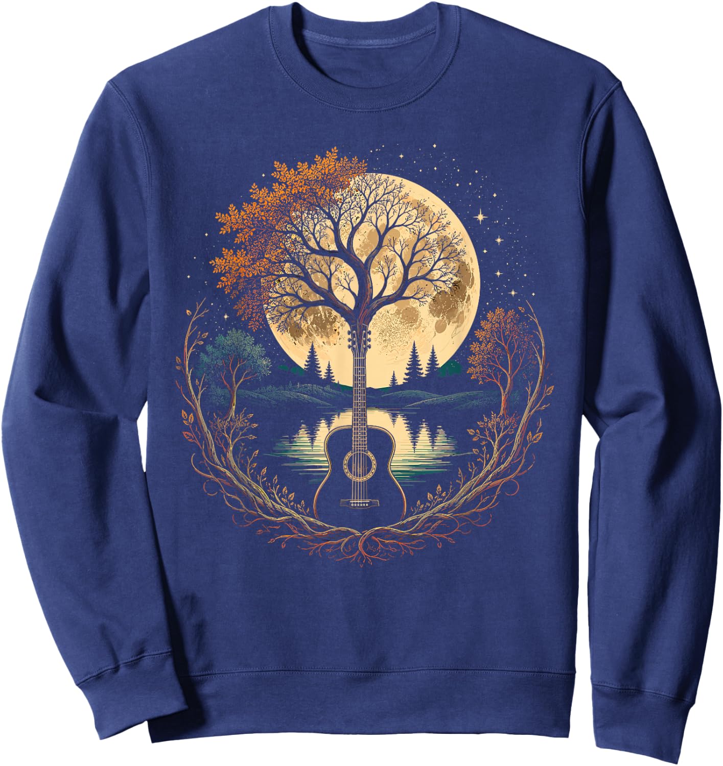 Acoustic Guitar Tree By The Lake Autumn Moon Sweatshirt - Sweatshirt | Navy