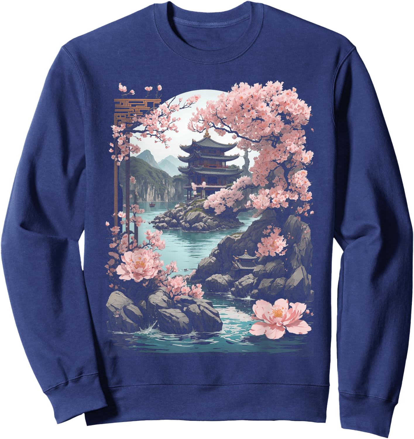Japanese Chinese Temple Sakura Cherry Blossom Landscape , black Sweatshirt - Sweatshirt | Navy