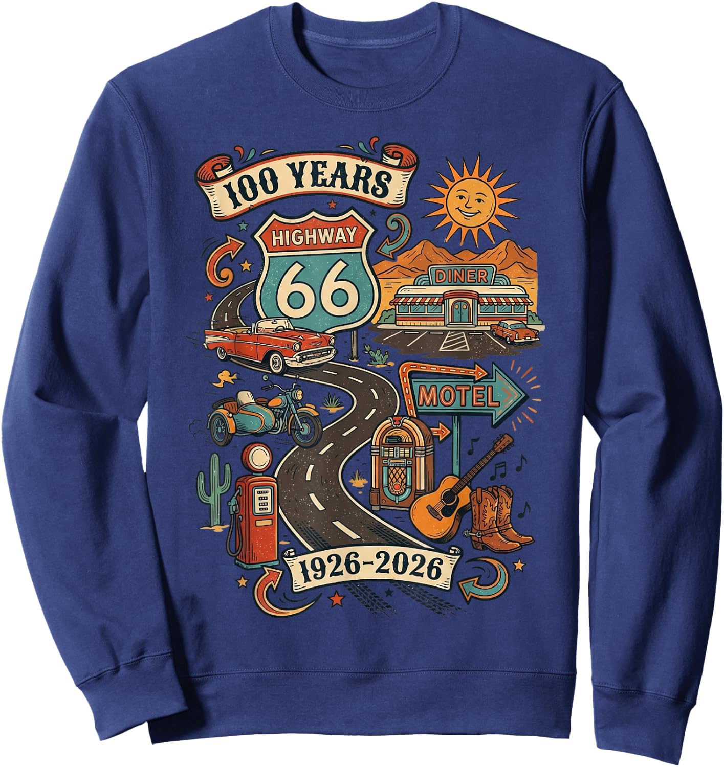 Highway 66 100 Years Centennial 1926-2026 Road Trip Vintage Sweatshirt - Sweatshirt | Navy