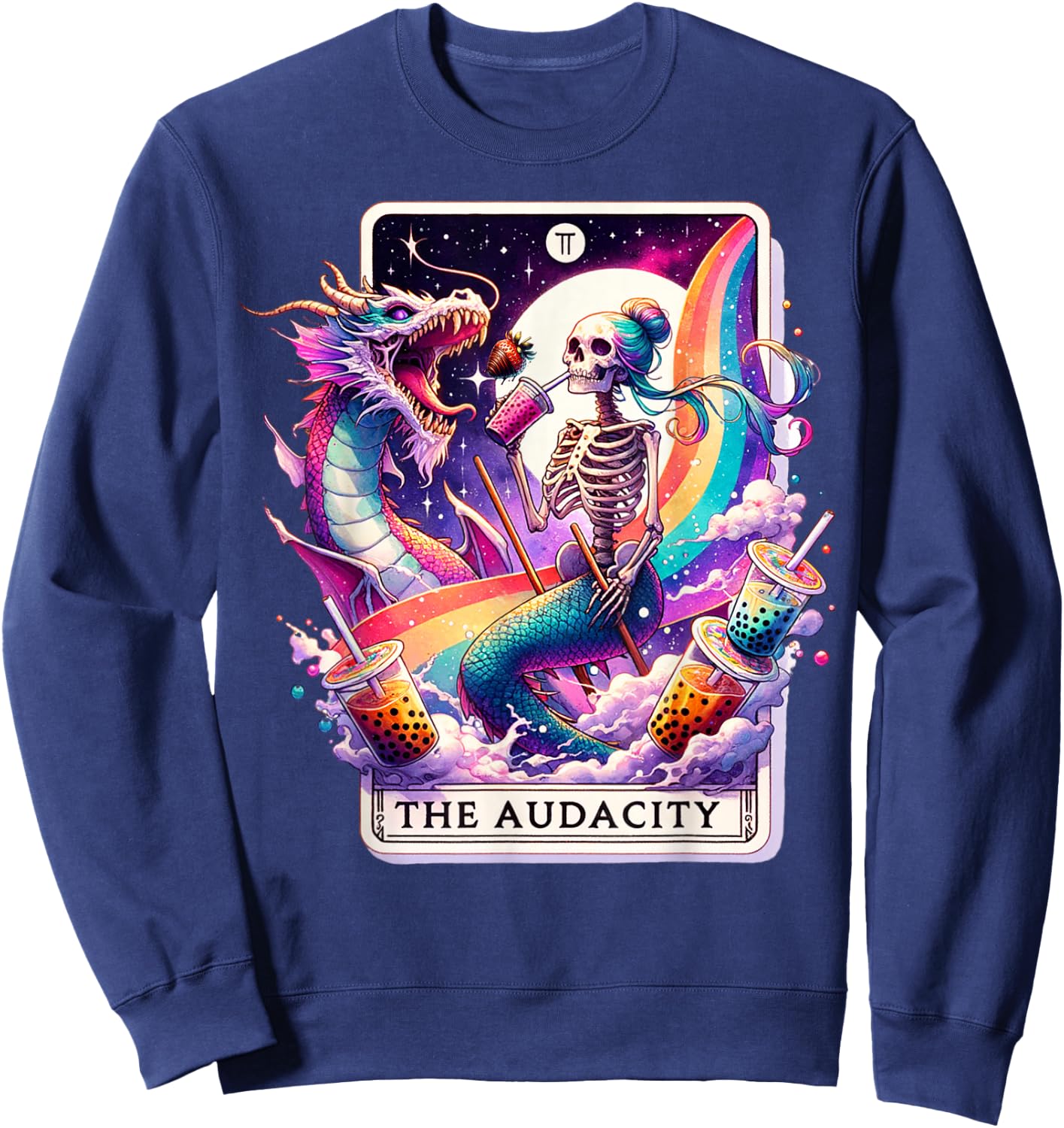 The Audacity Tarot Mermaid Skeleton Messy Bun Rainbow Boba Sweatshirt - Sweatshirt | Navy