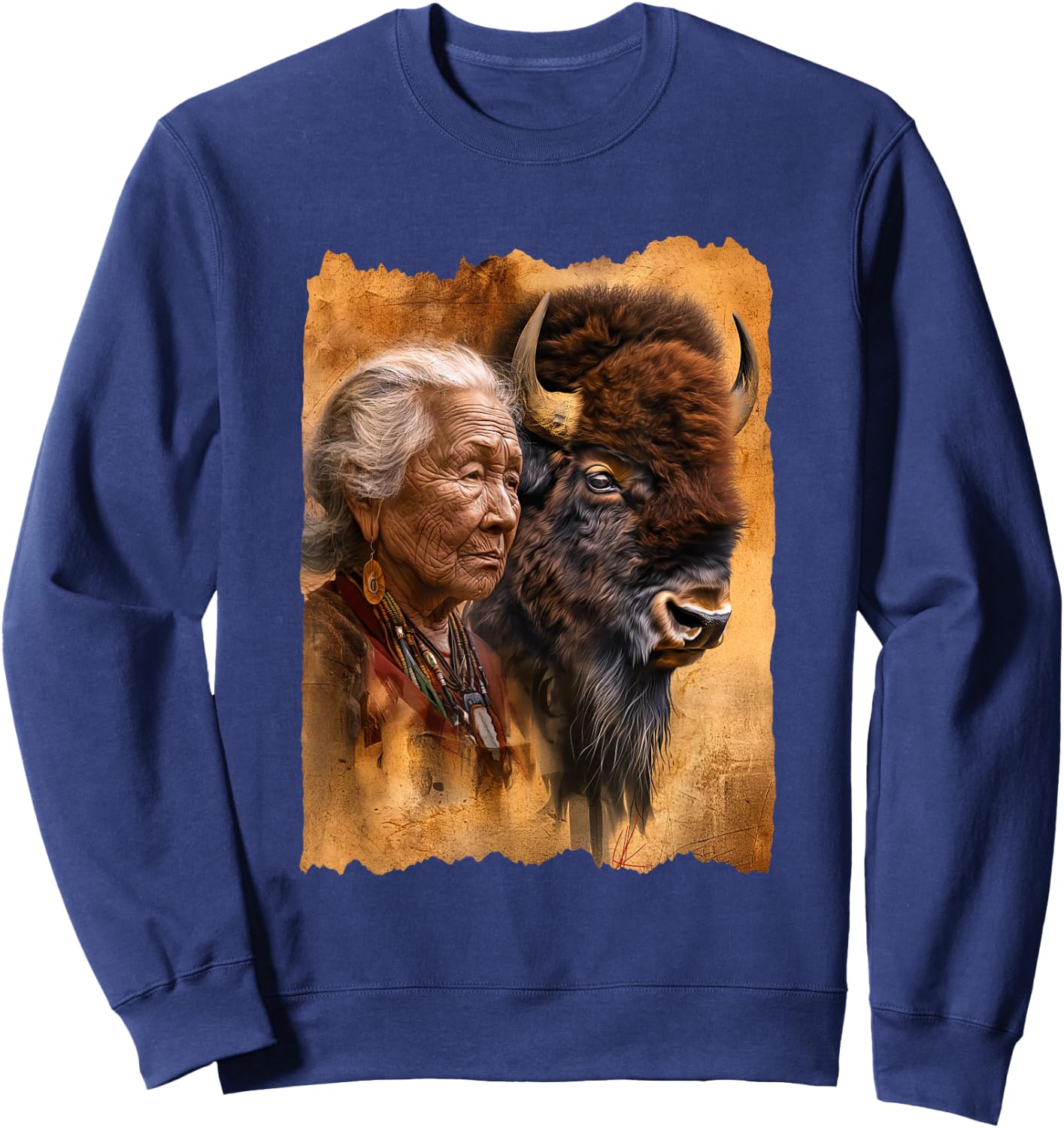 Native American Woman With Buffalo Or Bison Sweatshirt - Sweatshirt | Navy