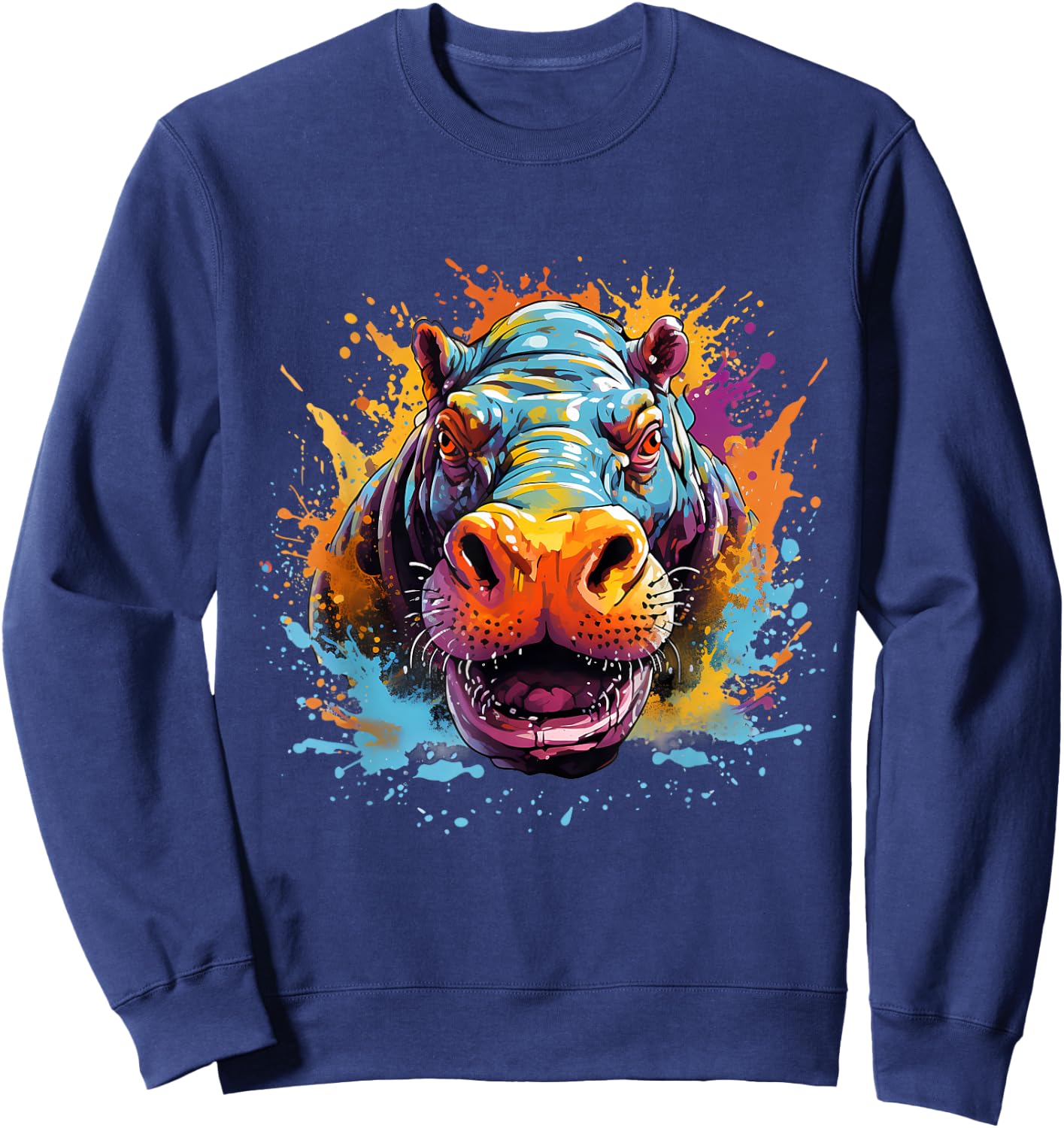Hippo Hippopotamus Colourful Portrait Motif Artwork Splash Sweatshirt - Sweatshirt | Navy