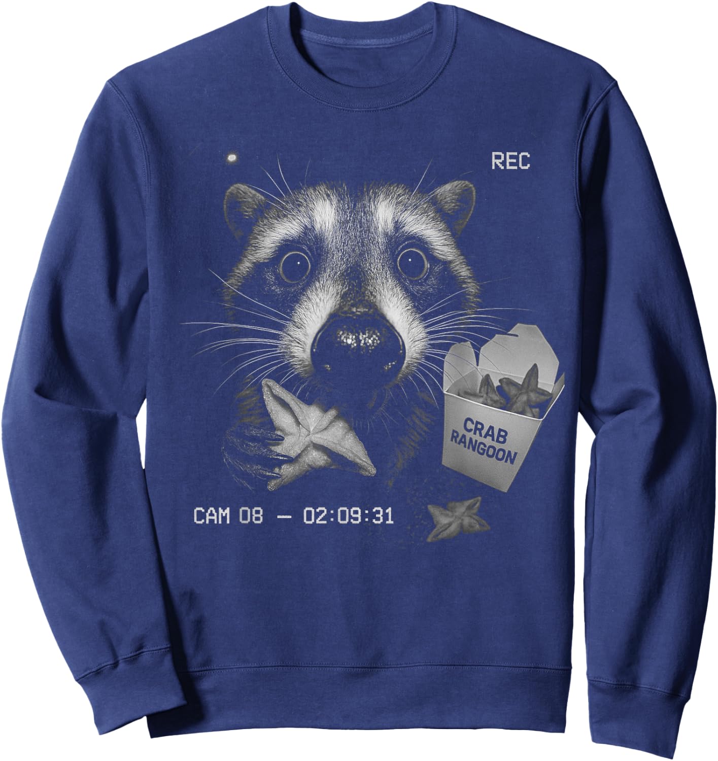 Funny Raccoon Eating Crab Rangoon Feral Security Camera Joke Sweatshirt - Sweatshirt | Navy
