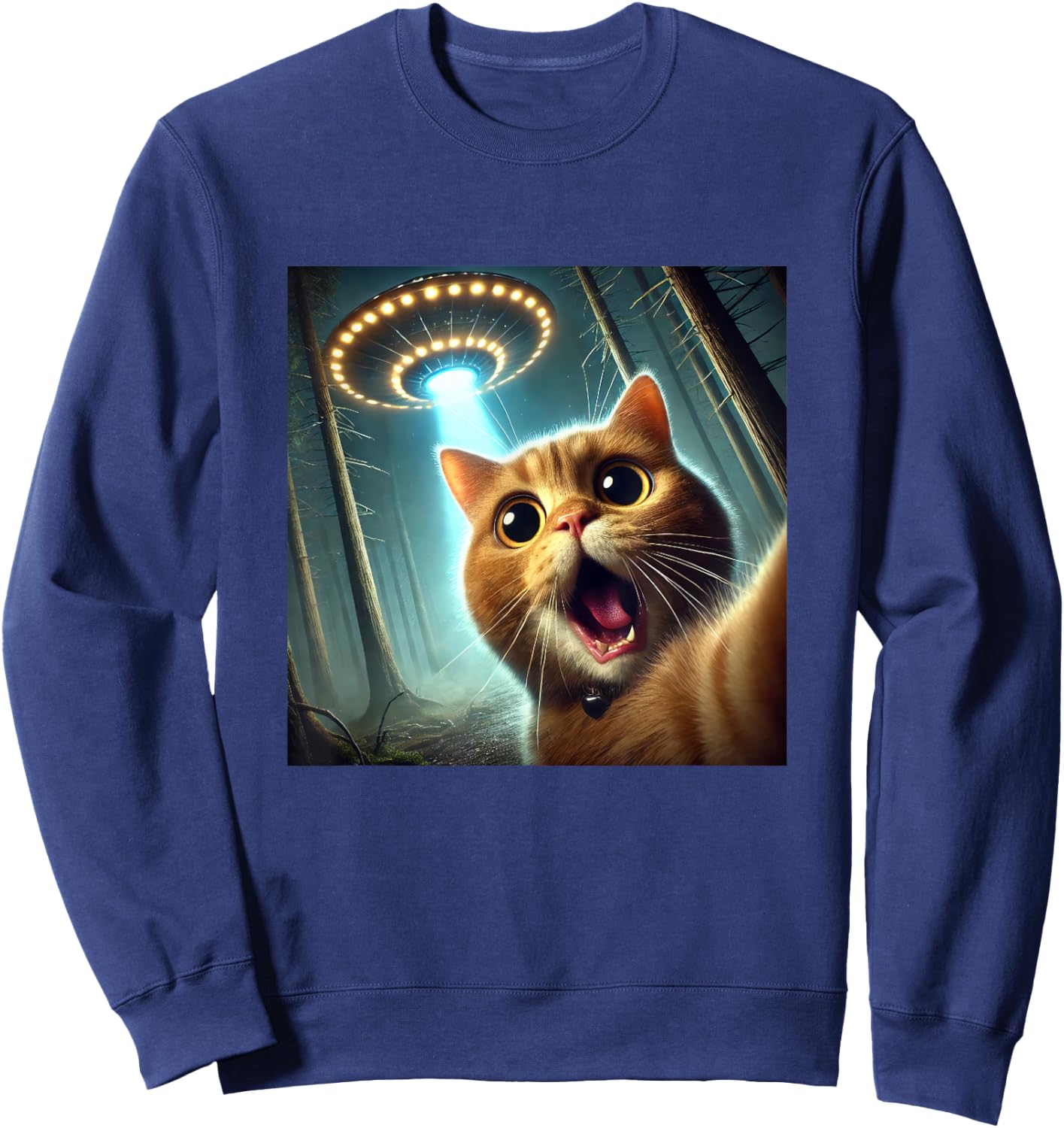 Cat Selfie With UFO Funny Alien UFO Sweatshirt - Sweatshirt | Navy