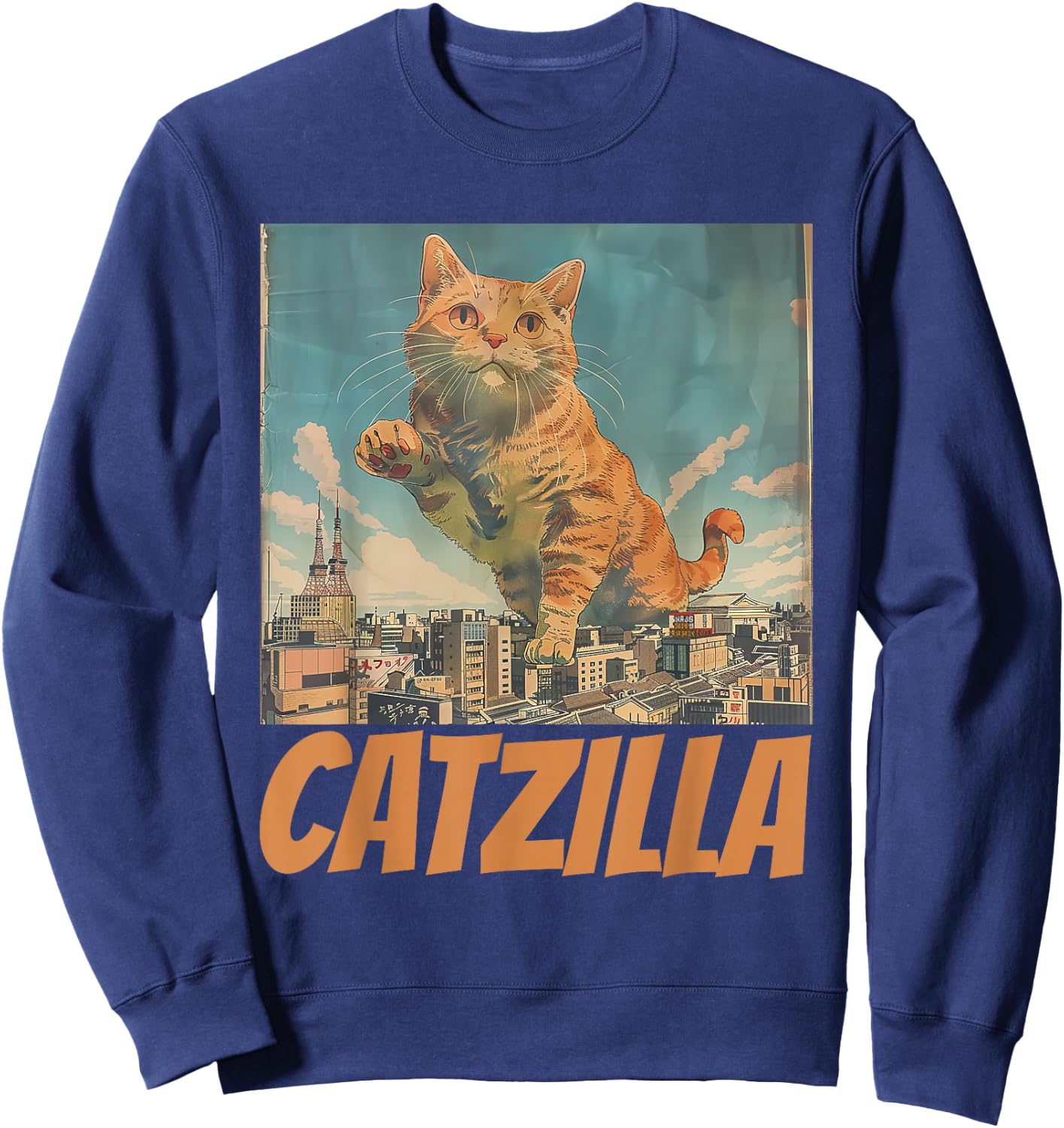Funny Orange Cat Catzilla Japanese Art Women Sweatshirt - Sweatshirt | Navy