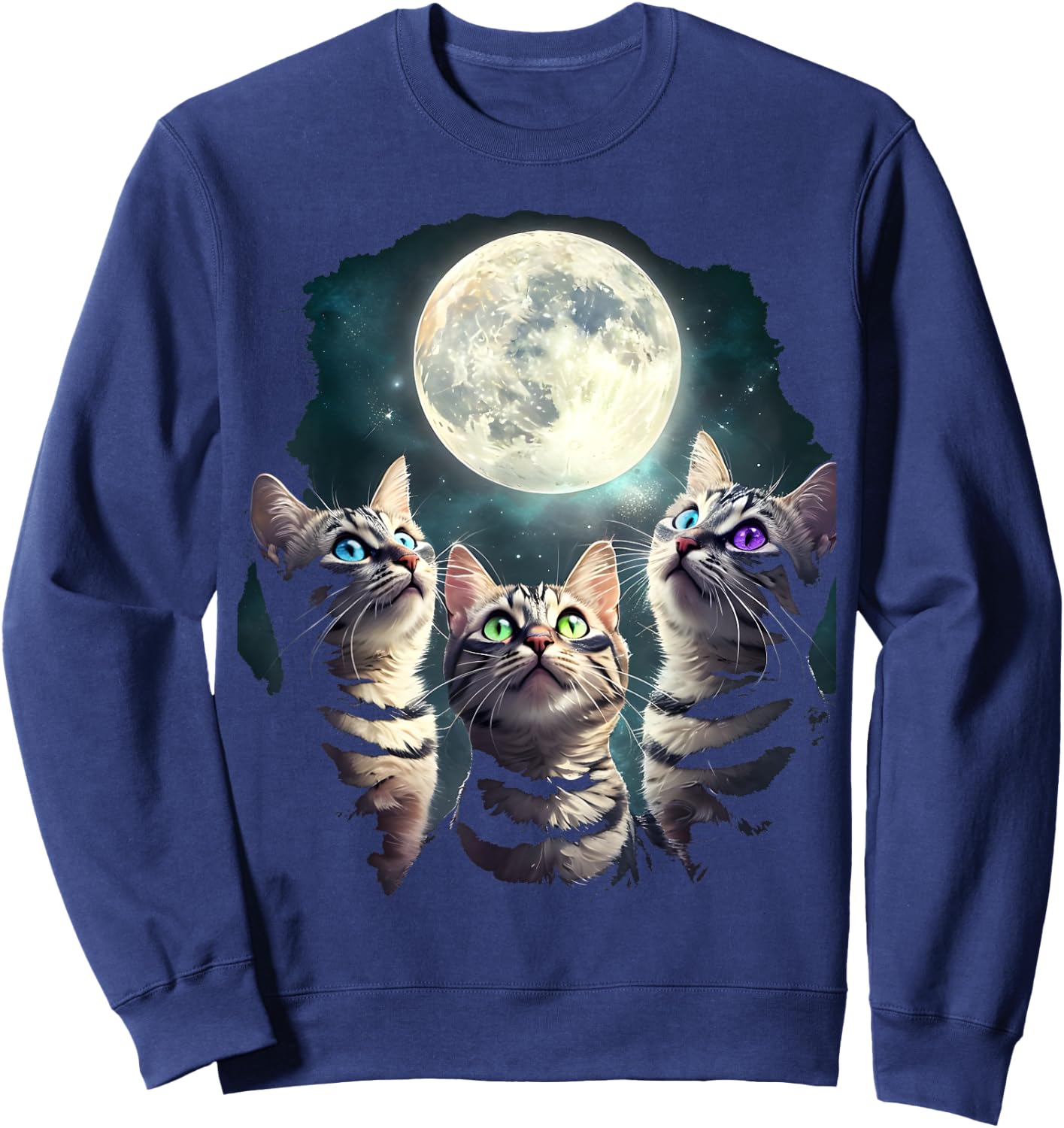 Funny Cat Three Cat Moons 3 Cute Kittens , Black, S Sweatshirt - Sweatshirt | Navy