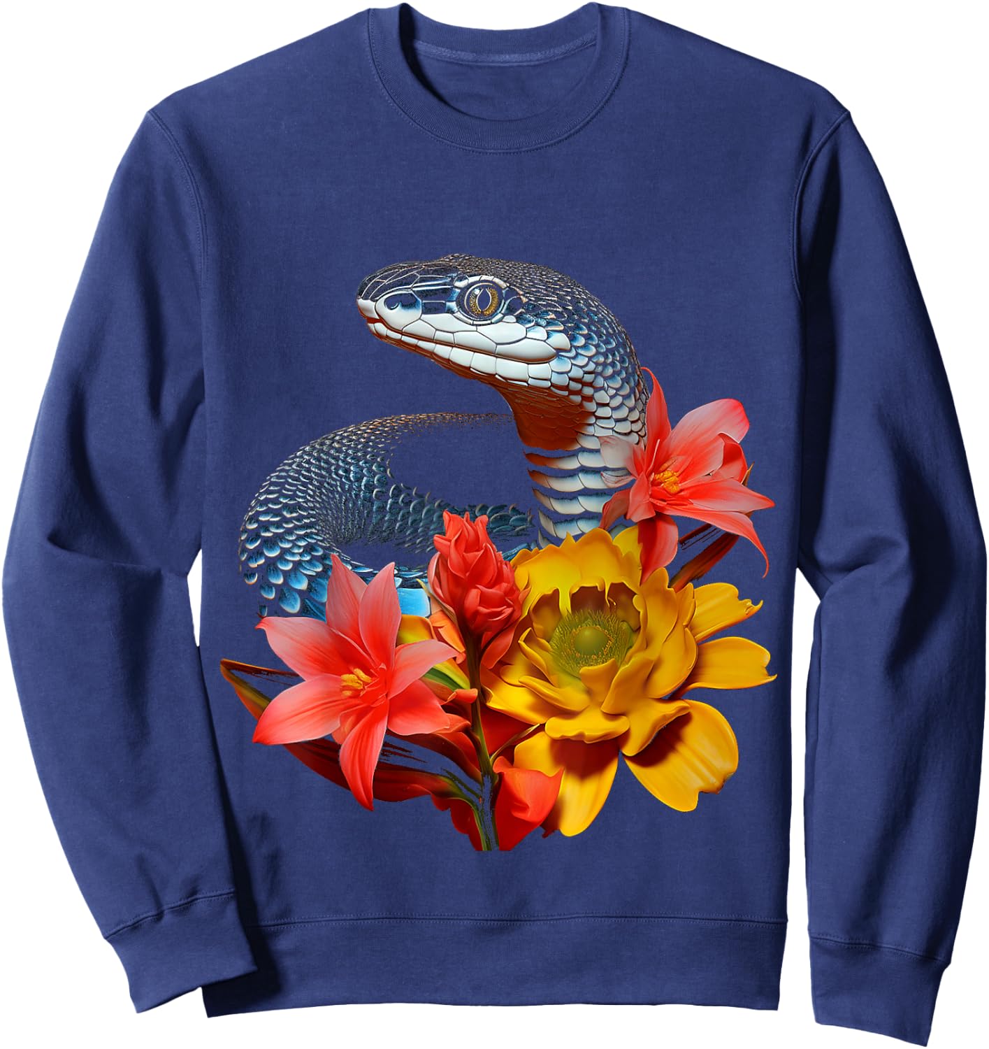 Snake Love Flowers Animal Portrait Art Graphic Snake Sweatshirt - Sweatshirt | Navy