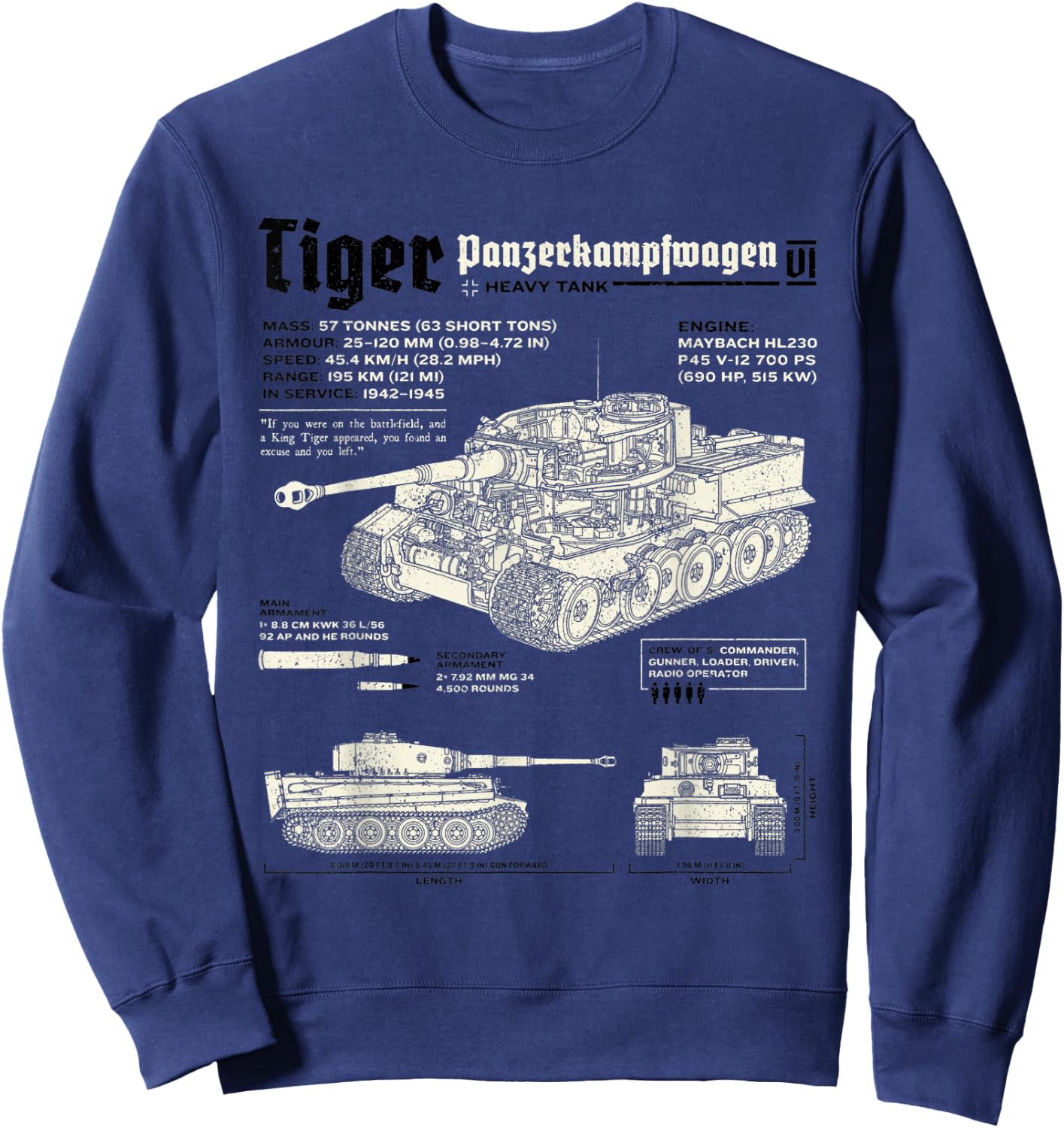 Tiger Tank Panzer World War 2 Blueprint Sweatshirt - Sweatshirt | Navy